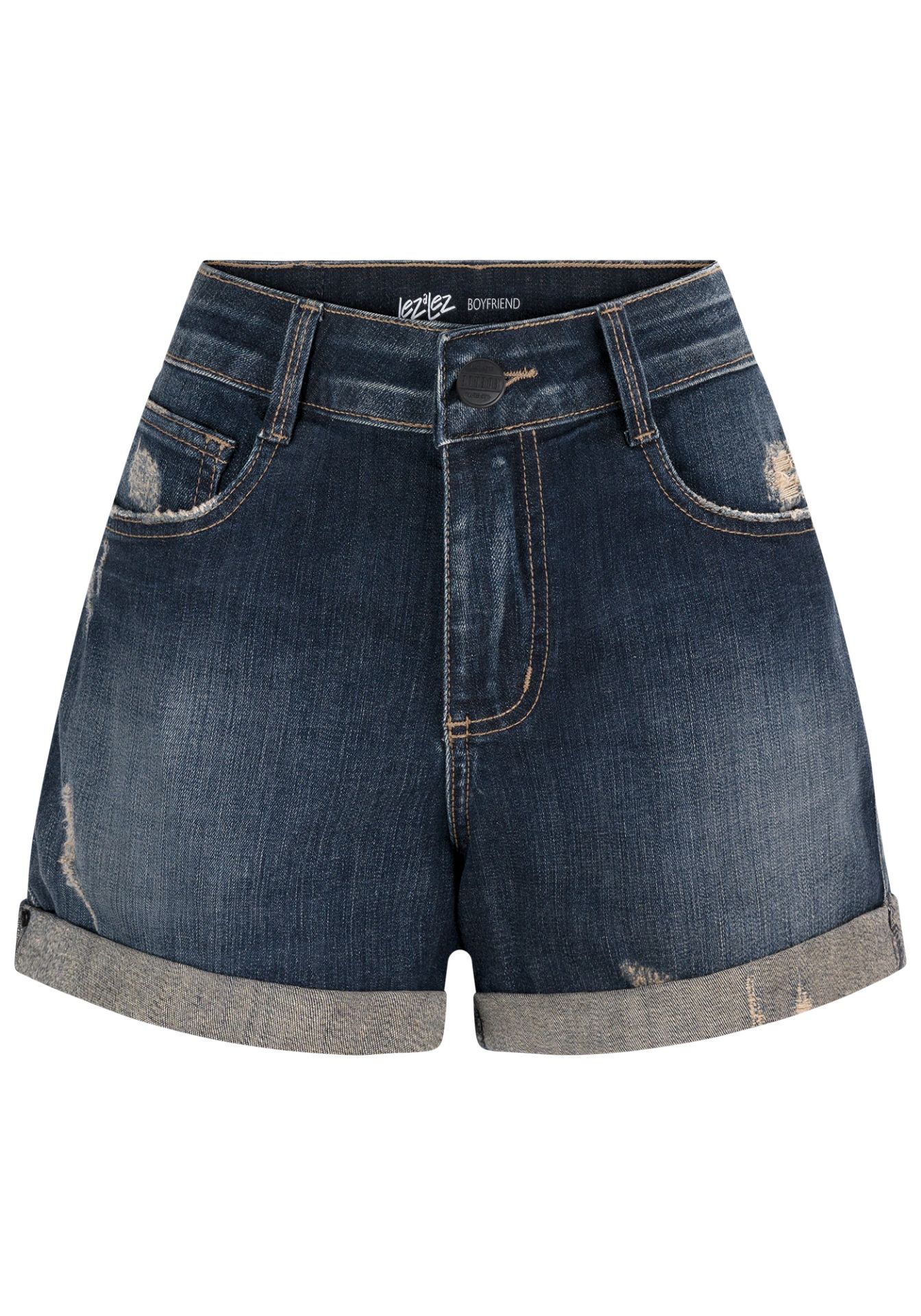 Shorts Boyfriend de Denim Oscuro con Dobladillo