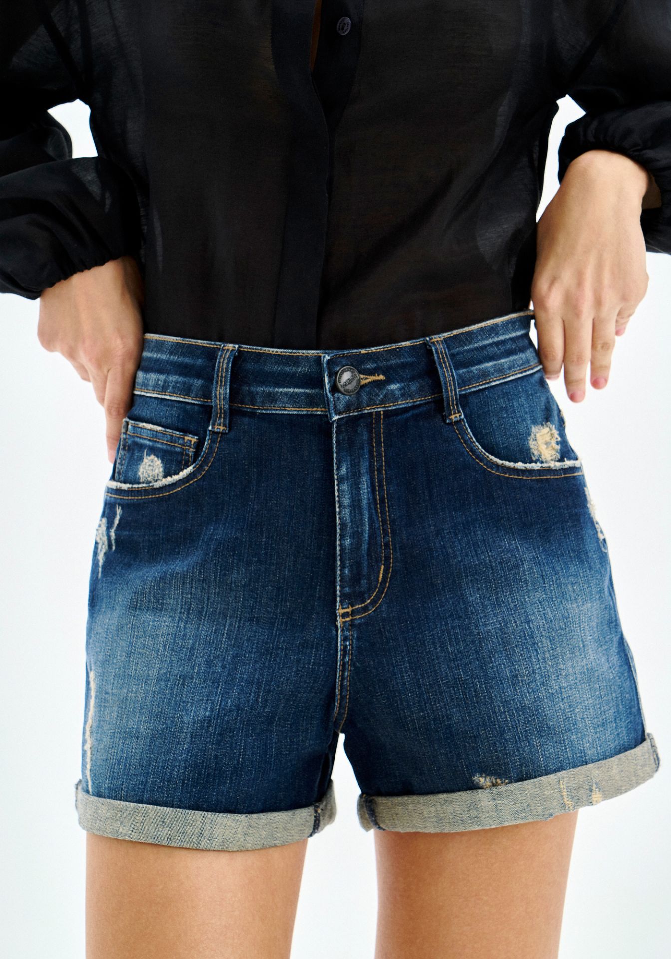 Shorts Boyfriend de Denim Oscuro con Dobladillo