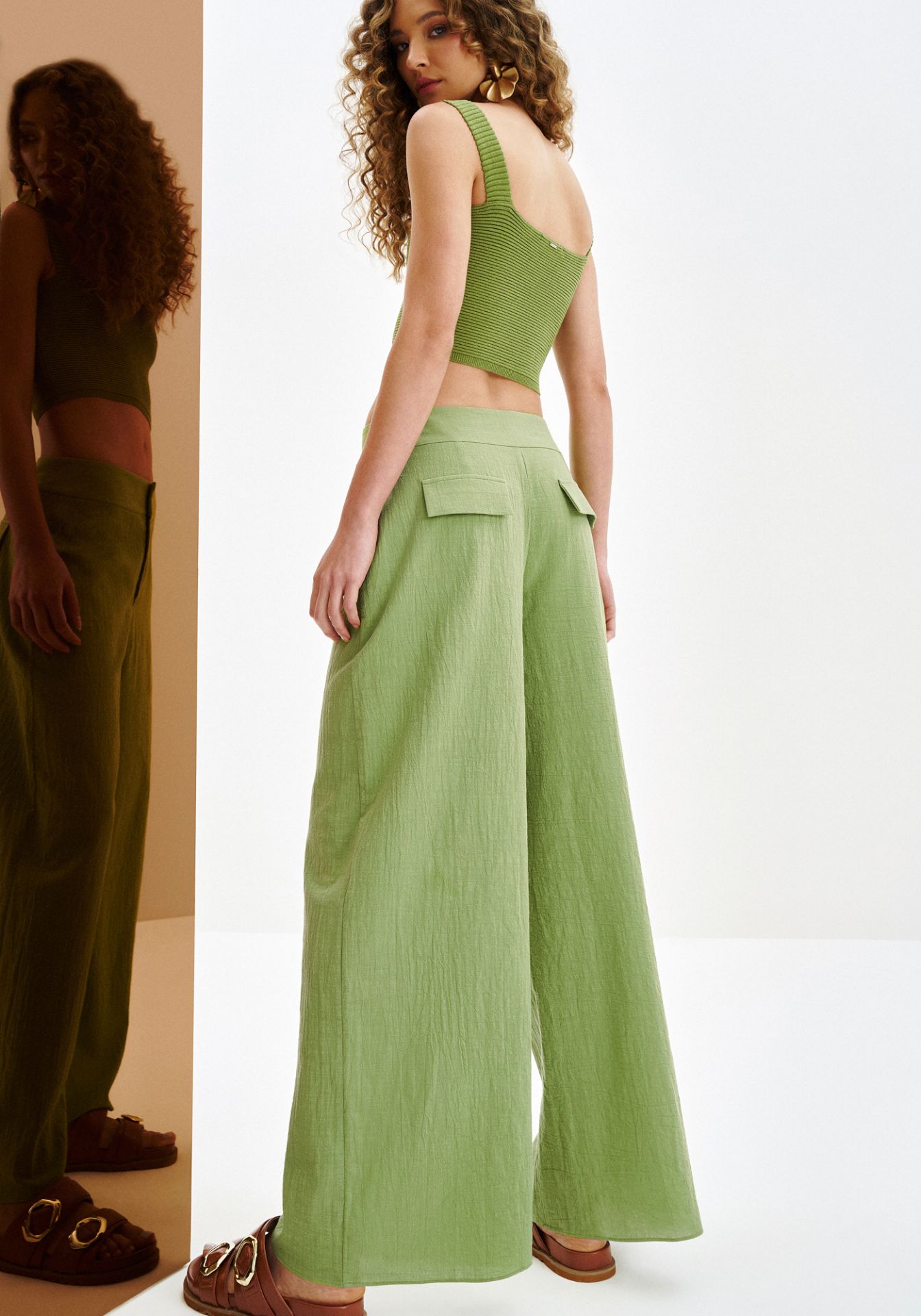 Pantalón de lino mujer tiro alto y pierna ancha