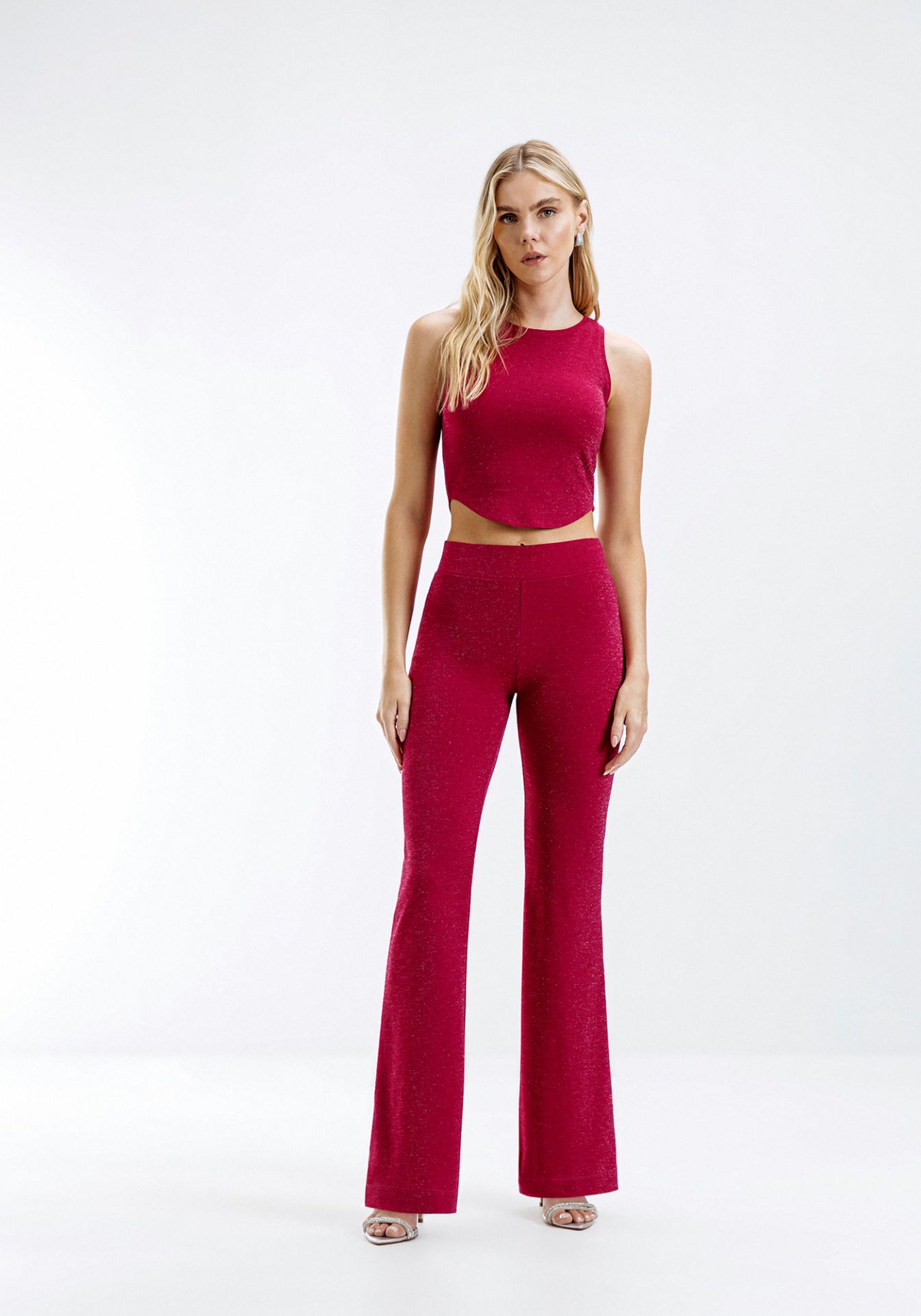 Pantalón Flare de Punto Lurex con Cintura Alta