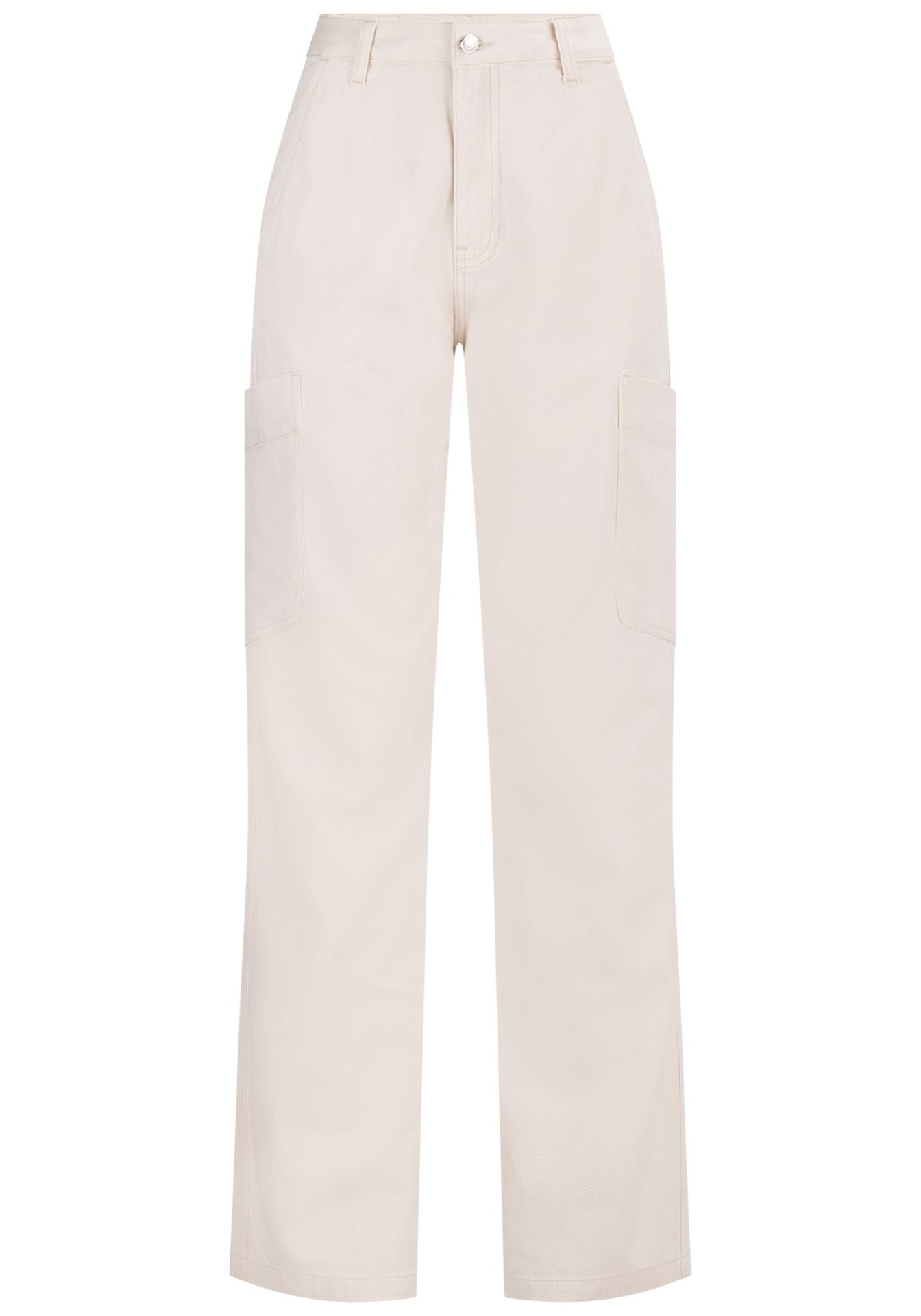 Pantalón Recto de Sarga Off-White con Bolsillos Cargo | Elegancia Funcional para Mujer