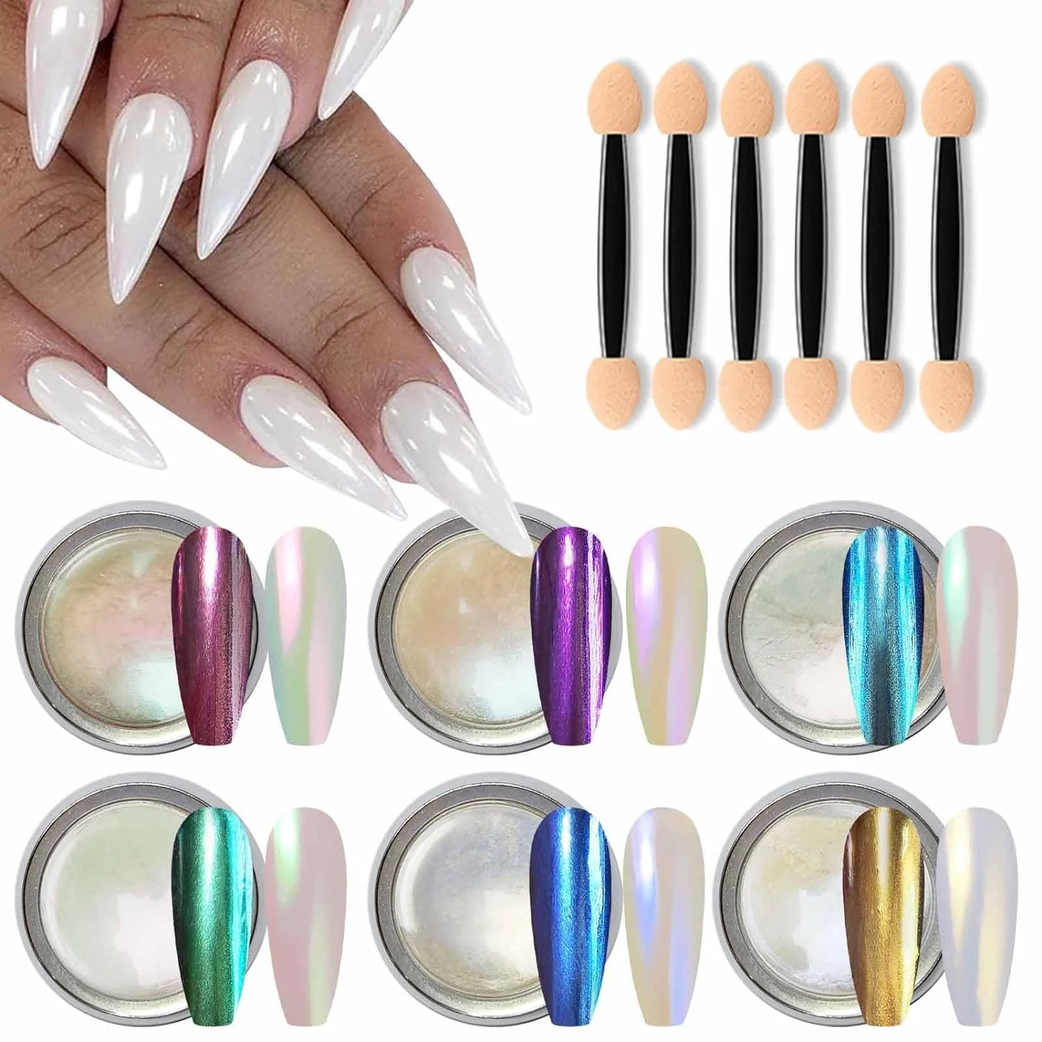 Aurora Chrome Mirror Pearl Powder Set – 6 Colors Iridescent Nail Art Pigment