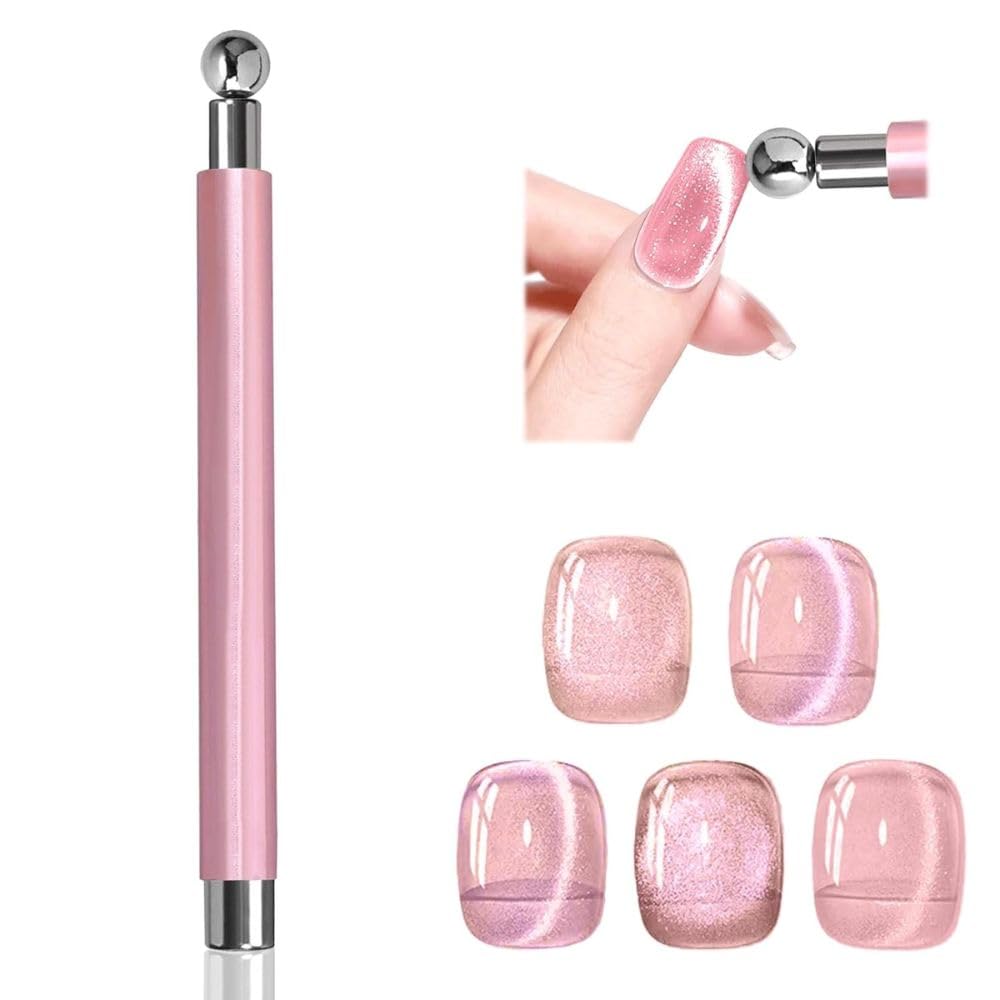 Double-Head Nail Magnet Sturdy Cat Eye Magnet for Nails with Round Magnetic Bead Multifunctional Magnet for Cat Eye Gel Polish Home DIY (BALL MAGNET) (PINK)
