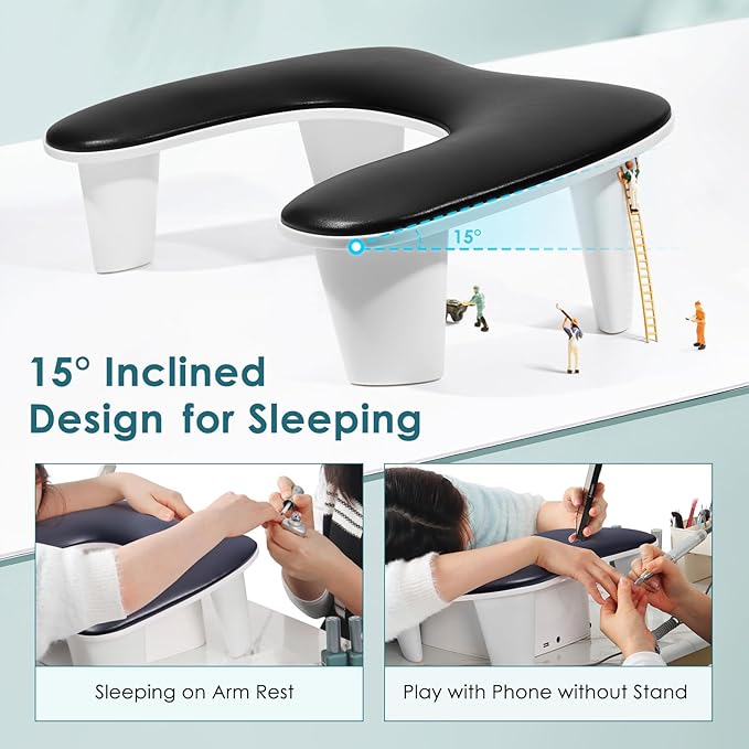 UV LED Nail Dryer with ArmrestU-Shaped Manicure Nail Arm Rest Stand Black Big Armrest Microfiber PU Leather Hand Rest Pillow for Acrylic Nail Cushion