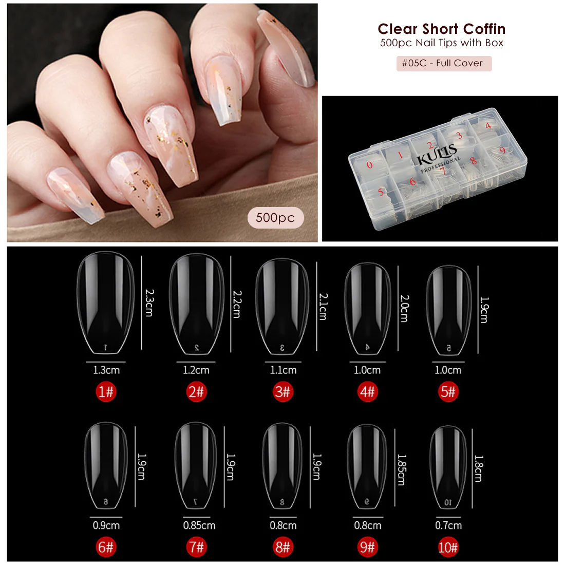 Clear Nail Extension Tips With Box - Short Coffin - 5C  
