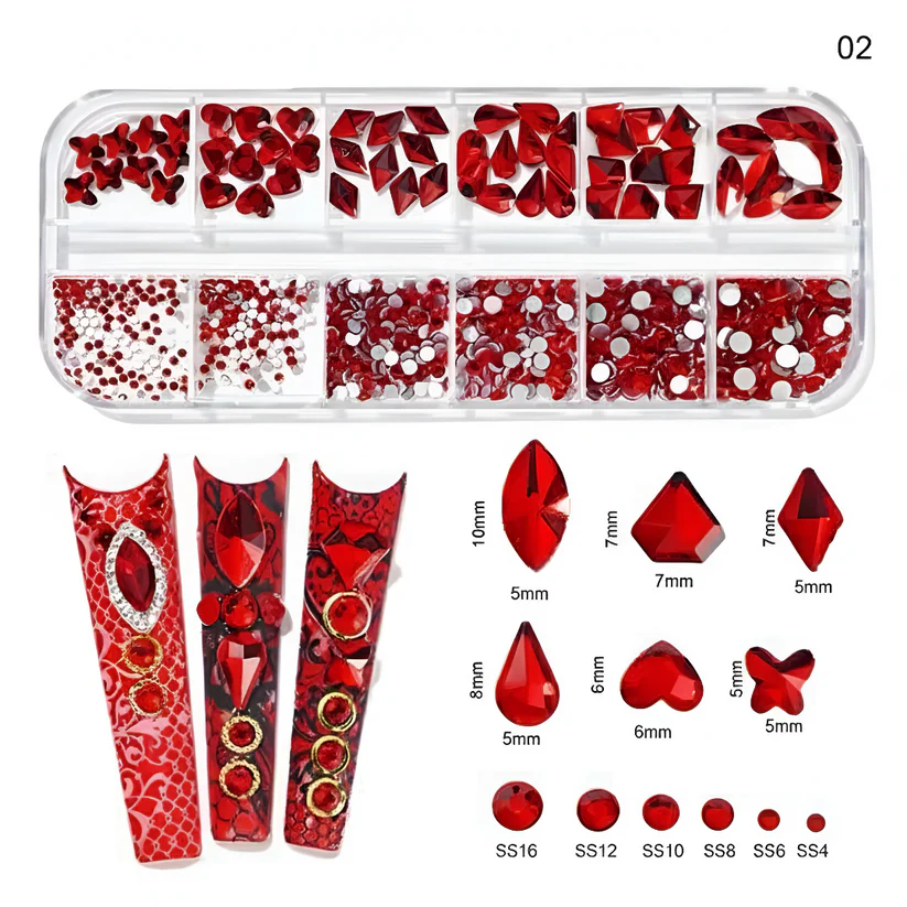 Red Nail Rhinestone Kit - 12 Grids Mixed Shape 3D Gems & Studs for Nail Art
