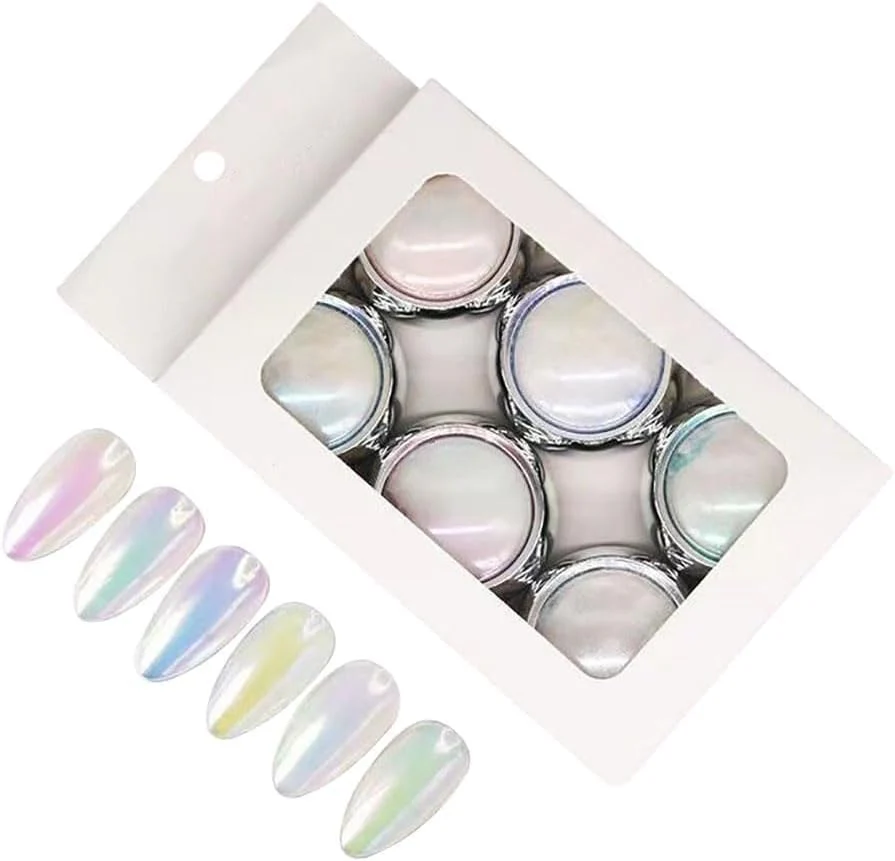 Aurora Chrome Mirror Pearl Powder Set – 6 Colors Iridescent Nail Art Pigment