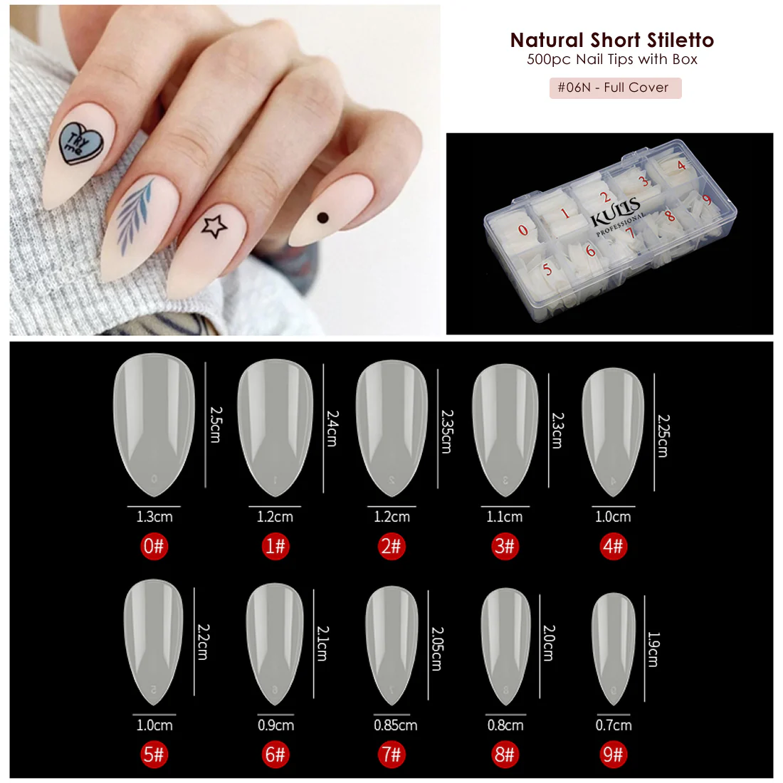 Natural Nail Extension Tips - Short Stiletto - 6N