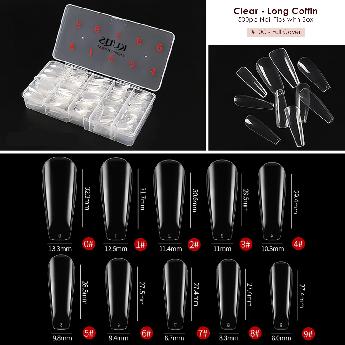 Clear Nail Extension Tips With Box - Long Coffin - 10C