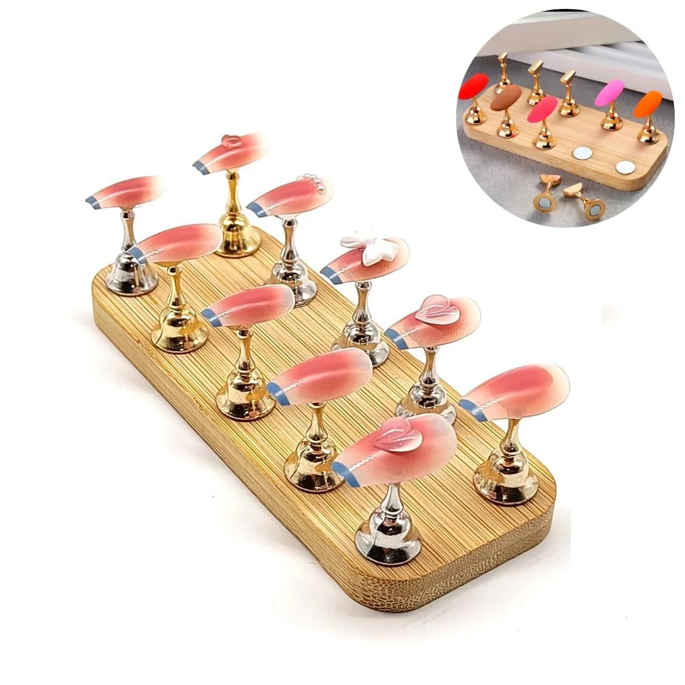 Magnetic Nail Art Display Stand with Wooden Base – 10-Piece Nail Practice Holder for Press-Ons, Tips & Designs