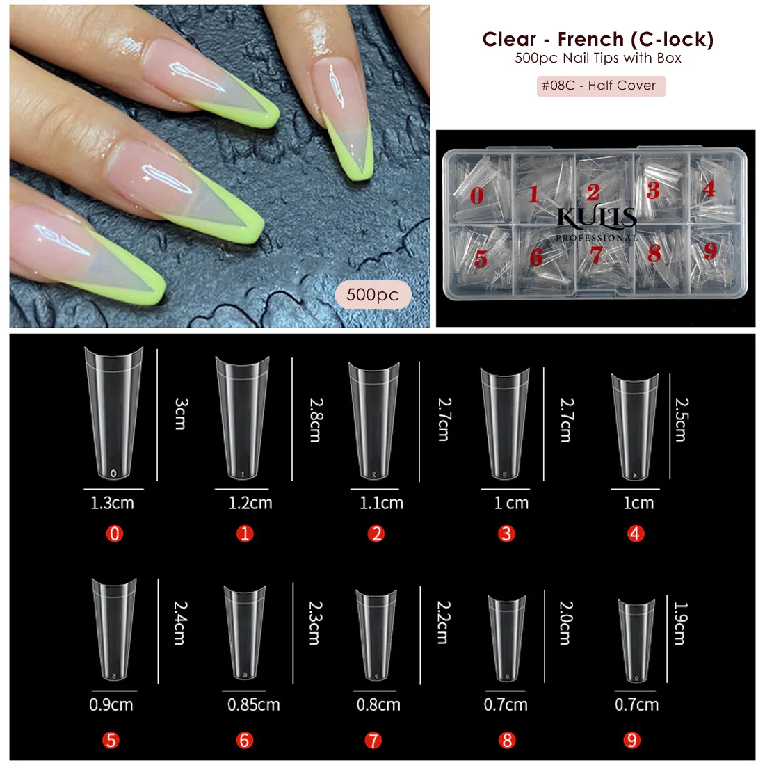 Clear Nail Extension Tips With Box - French (C-Lock) - 8C