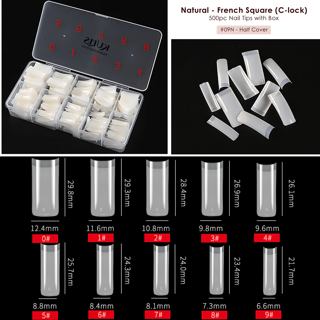 Natural Nail Extension Tips - French Square (C-Lock) - 9N