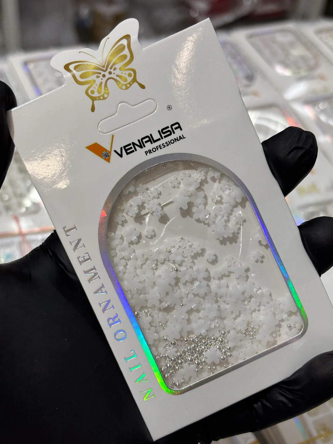 White Flower Nail Ornaments – 3D Floral Mix with Silver Micro Beads | Luxury Nail Art Decoration Set