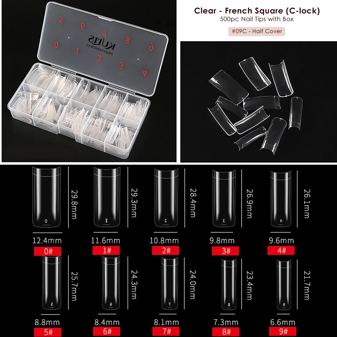 Clear Nail Extension Tips With box - French Square (C-Lock) - 9C