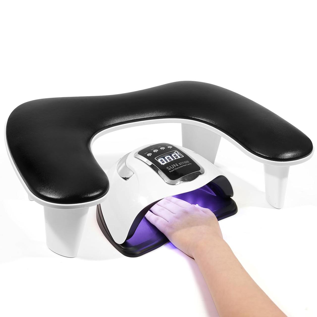 UV LED Nail Dryer with ArmrestU-Shaped Manicure Nail Arm Rest Stand Black Big Armrest Microfiber PU Leather Hand Rest Pillow for Acrylic Nail Cushion