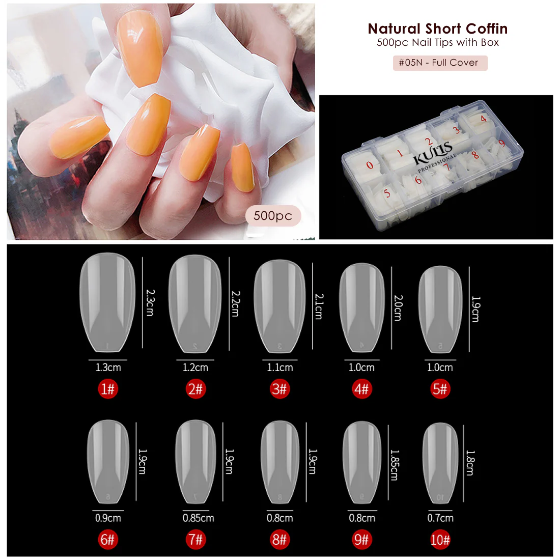 Natural Nail Extension Tips - Short Coffin - 5N