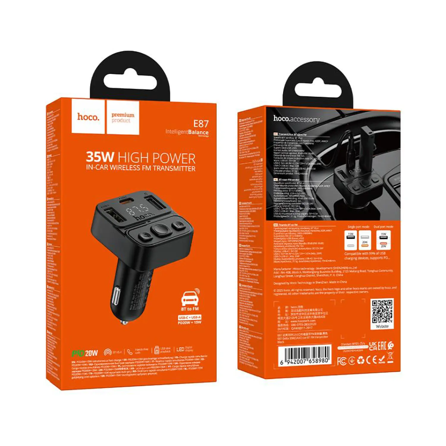 Hoco E87 Delta 35W(1A1C) Car FM Transmitter Black