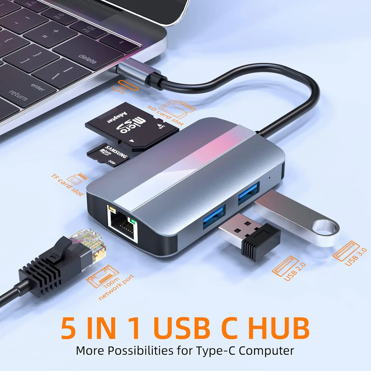 CONVERTER 5 IN 1 TYPE-C TO 2*USB3.0/RJ45/SD/TF