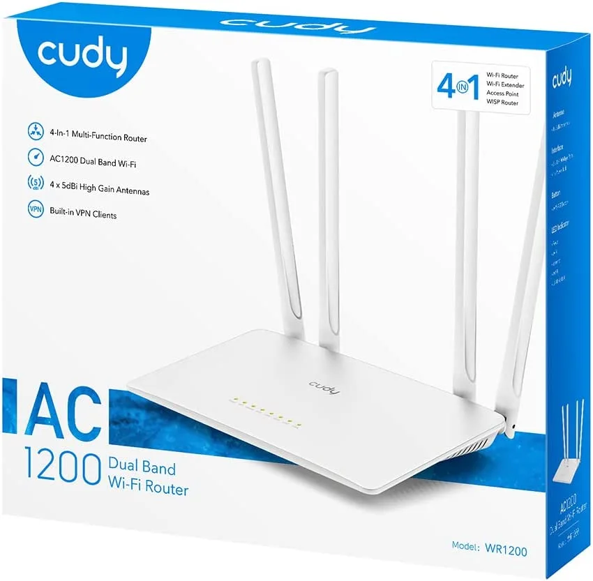 CUDY WIRELESS ROUTER 4 ANTENNA AC1200 DUAL BAND WR1200