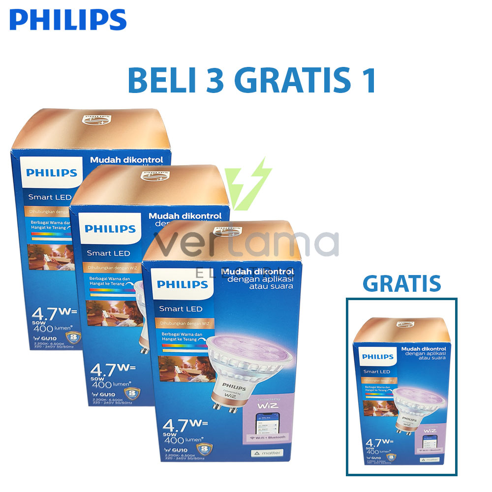 Promo Beli 3 Gratis 4.7Watt1 Lampu Philips Spotlight RGB Smart WIFI GU10 4.7W