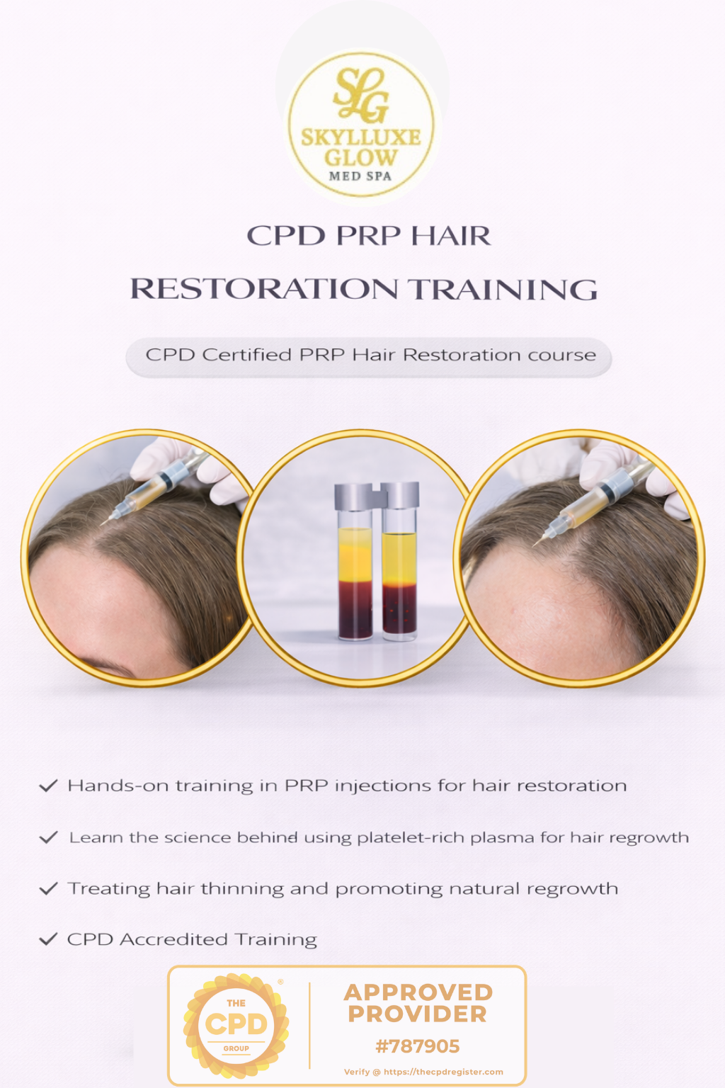 CPD Platelet-Rich Plasma (PRP) for Hair Restoration Course/Limited spaces available — message to receive available dates & secure your place