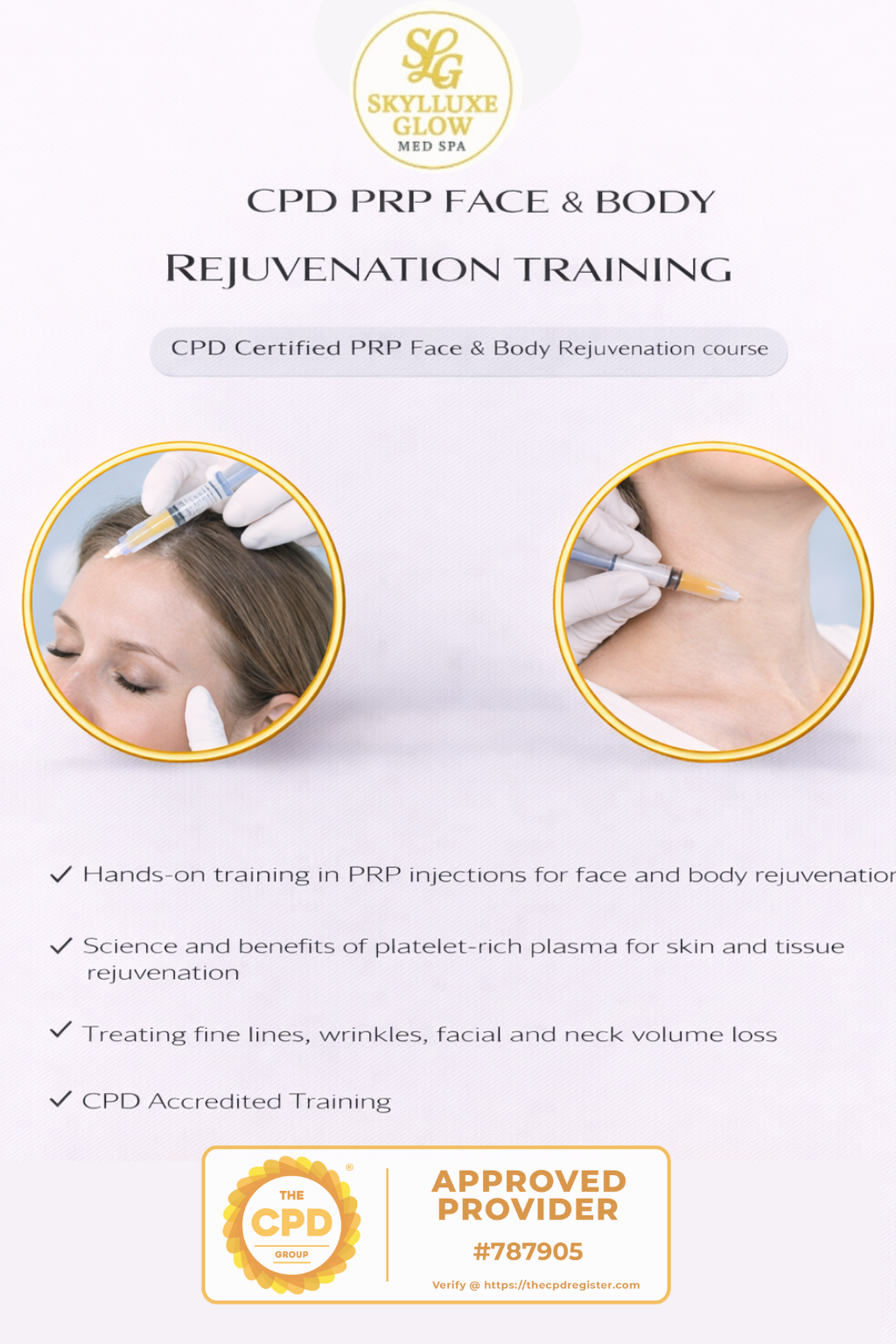 CPD Platelet-Rich Plasma (PRP) in Face & Body Skin Rejuvenation Course/Limited spaces available — message to receive available dates & secure your place