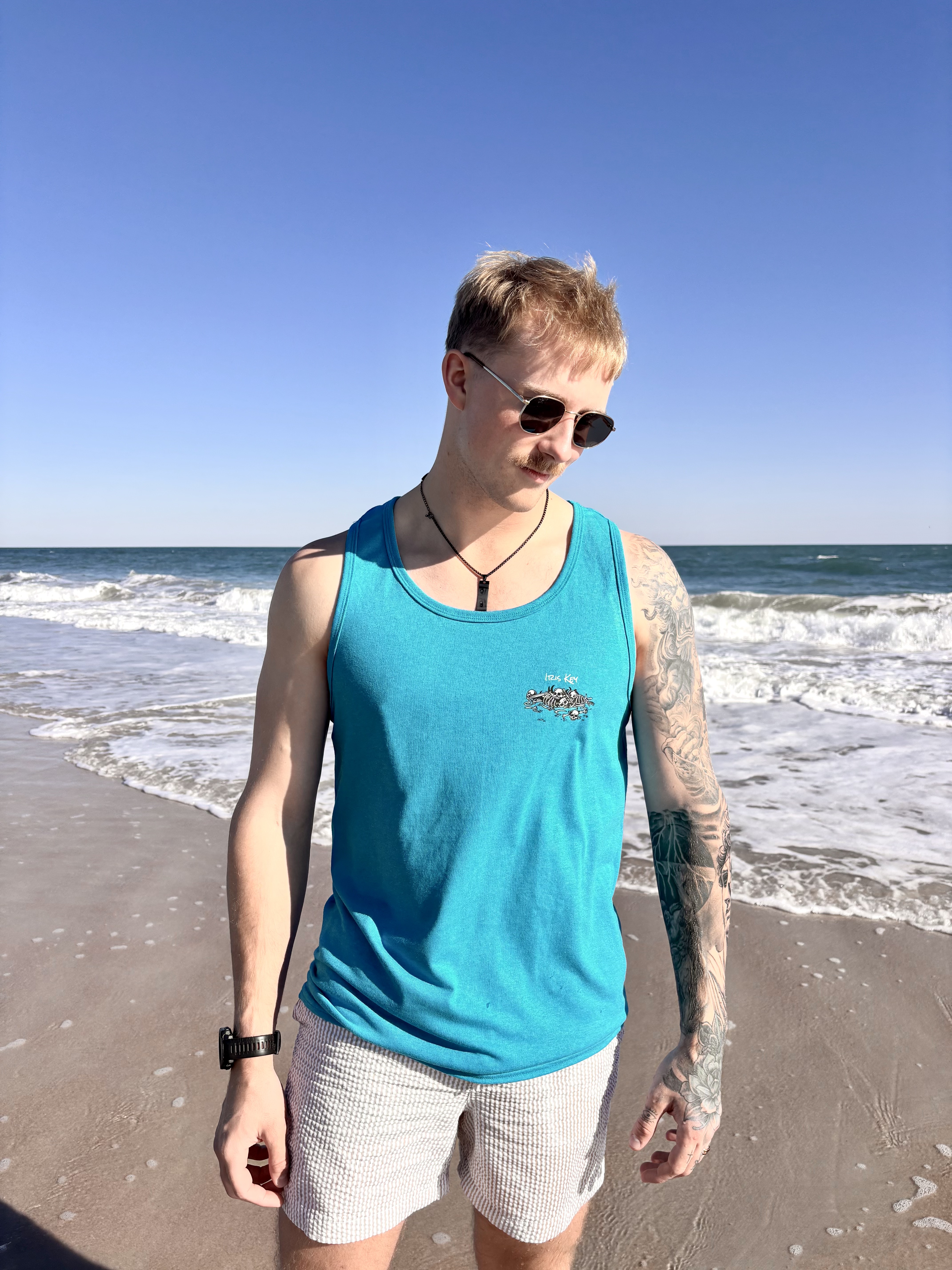 Mens I.K Turquoise flower Skull Tank Top