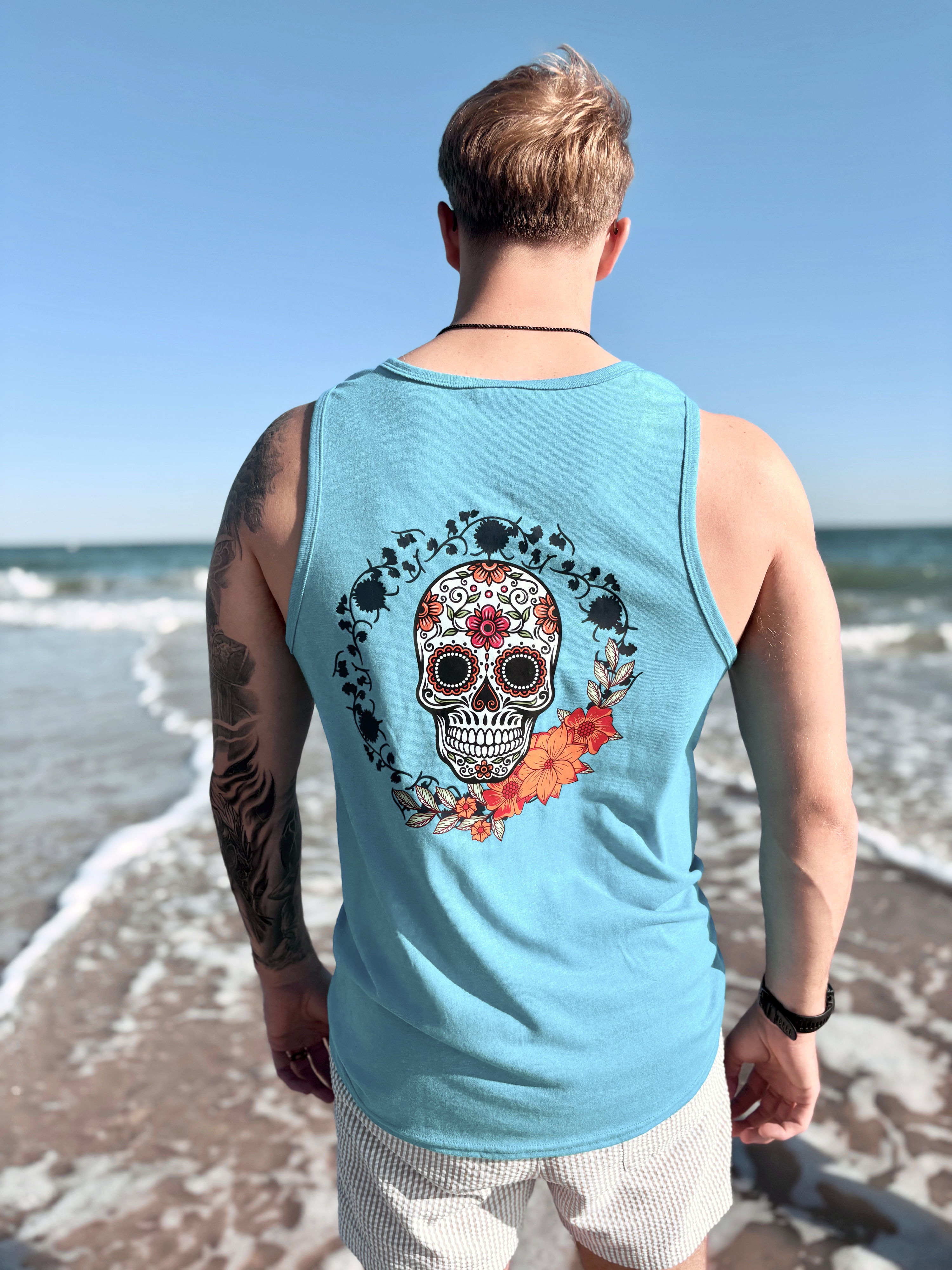 Mens I.K Turquoise flower Skull Tank Top
