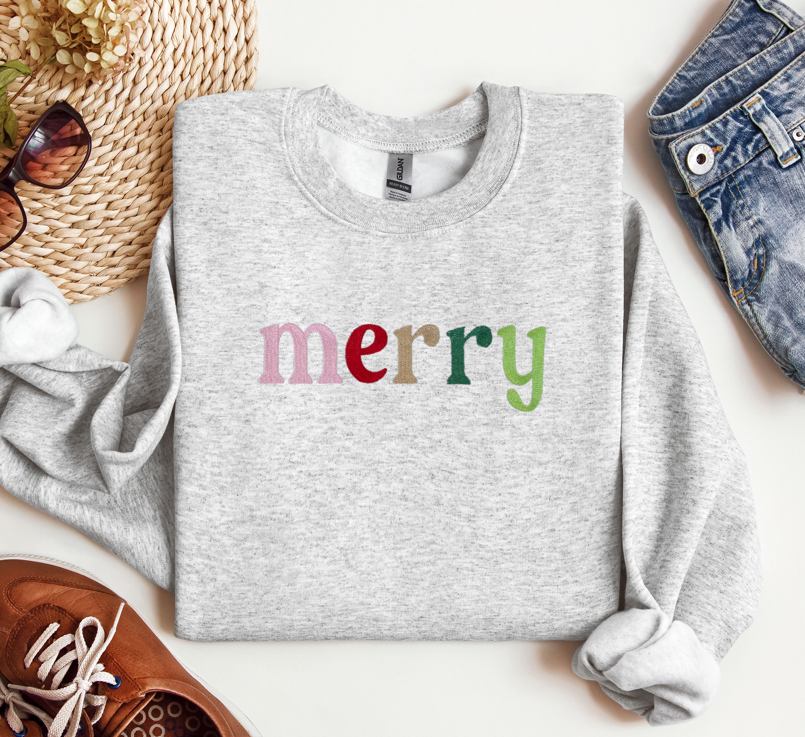 Embroidered Merry Holiday Crewneck, Christmas Sweatshirt