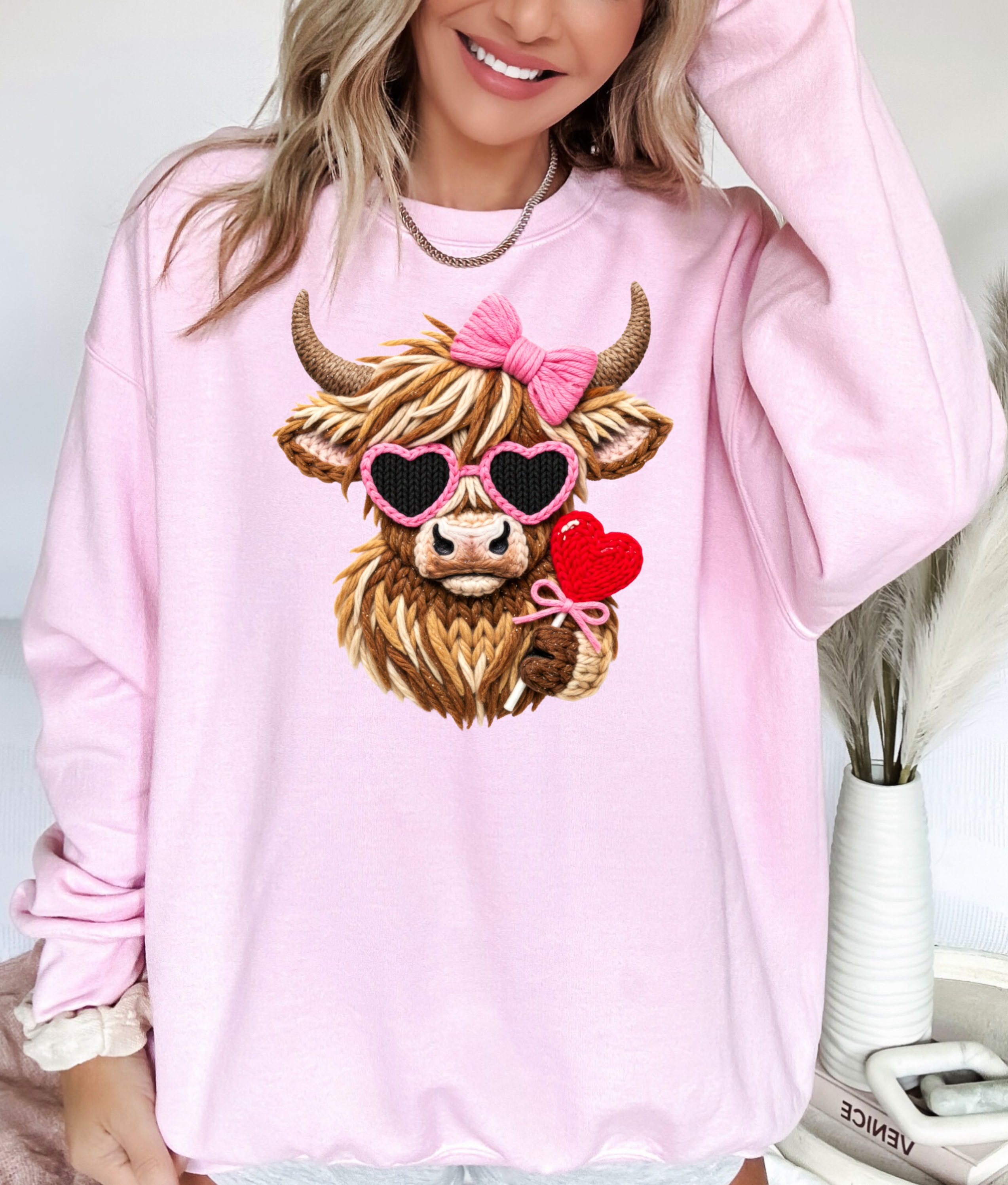 Valentine Highland Cow Pink Bow Crewneck, Graphic Sweatshirt