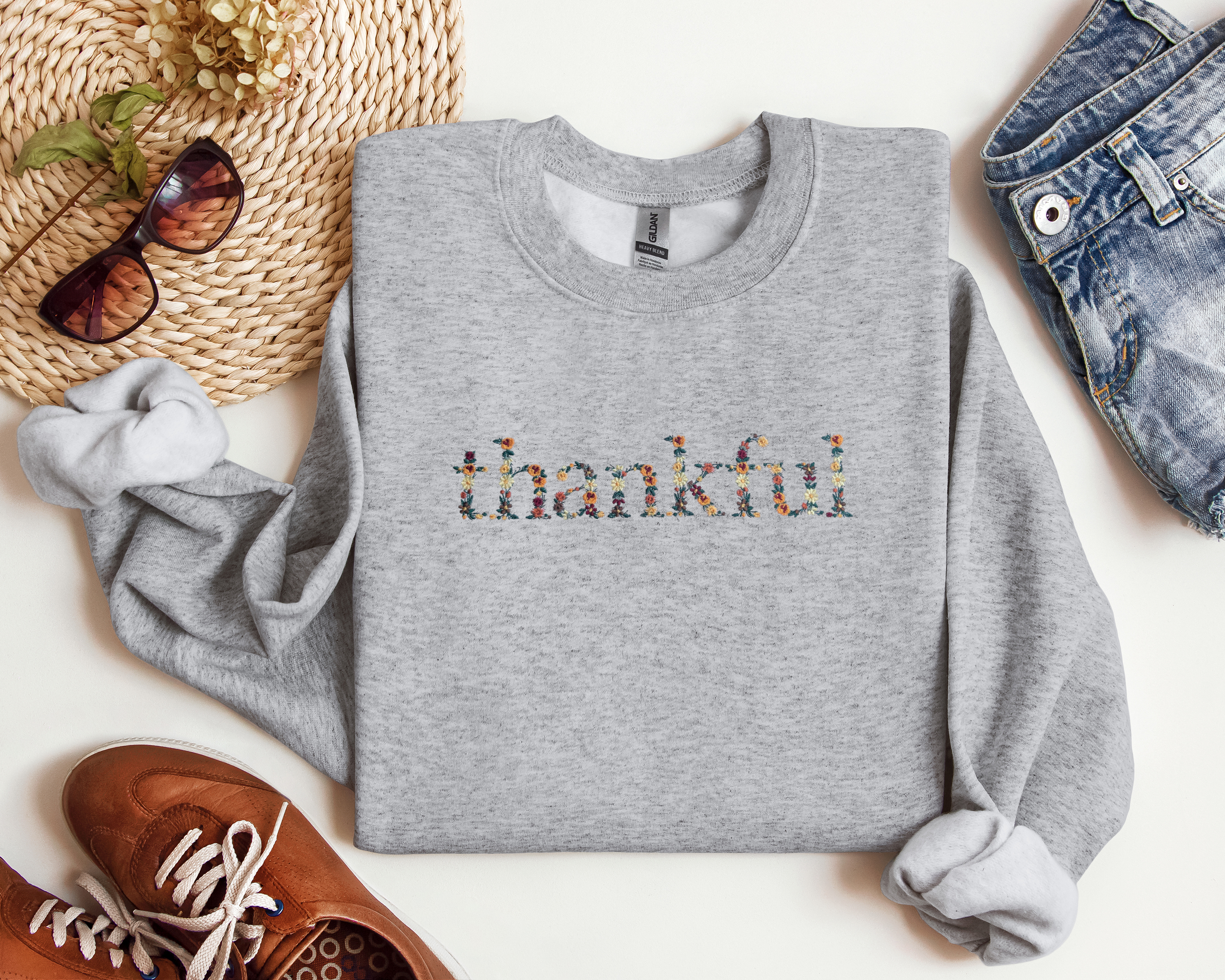 Fall "thankful" Embroidered Crewneck, Autumn Sweatshirt