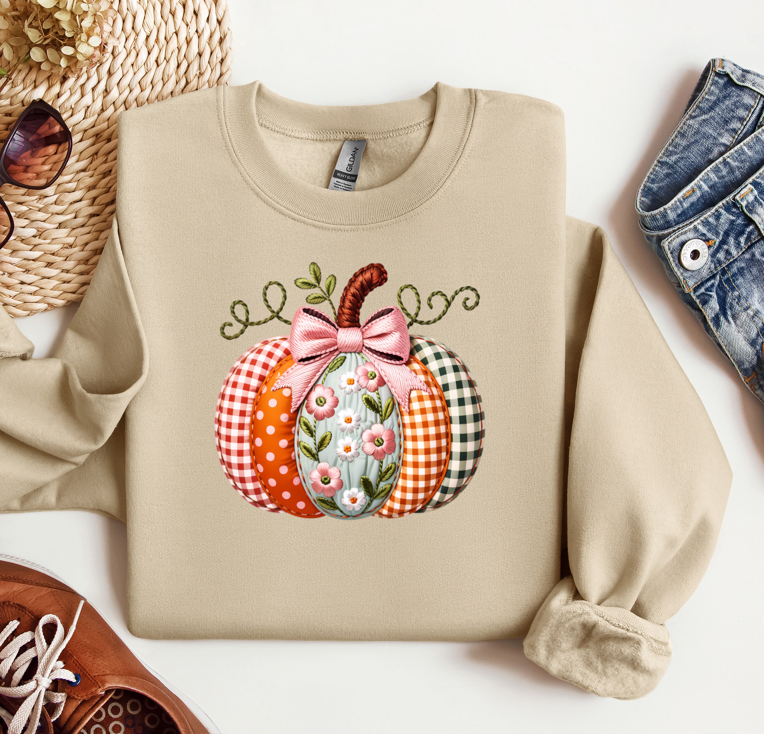 Fall Pumpkin Faux Embroidered Sweatshirt, Autumn Crewneck