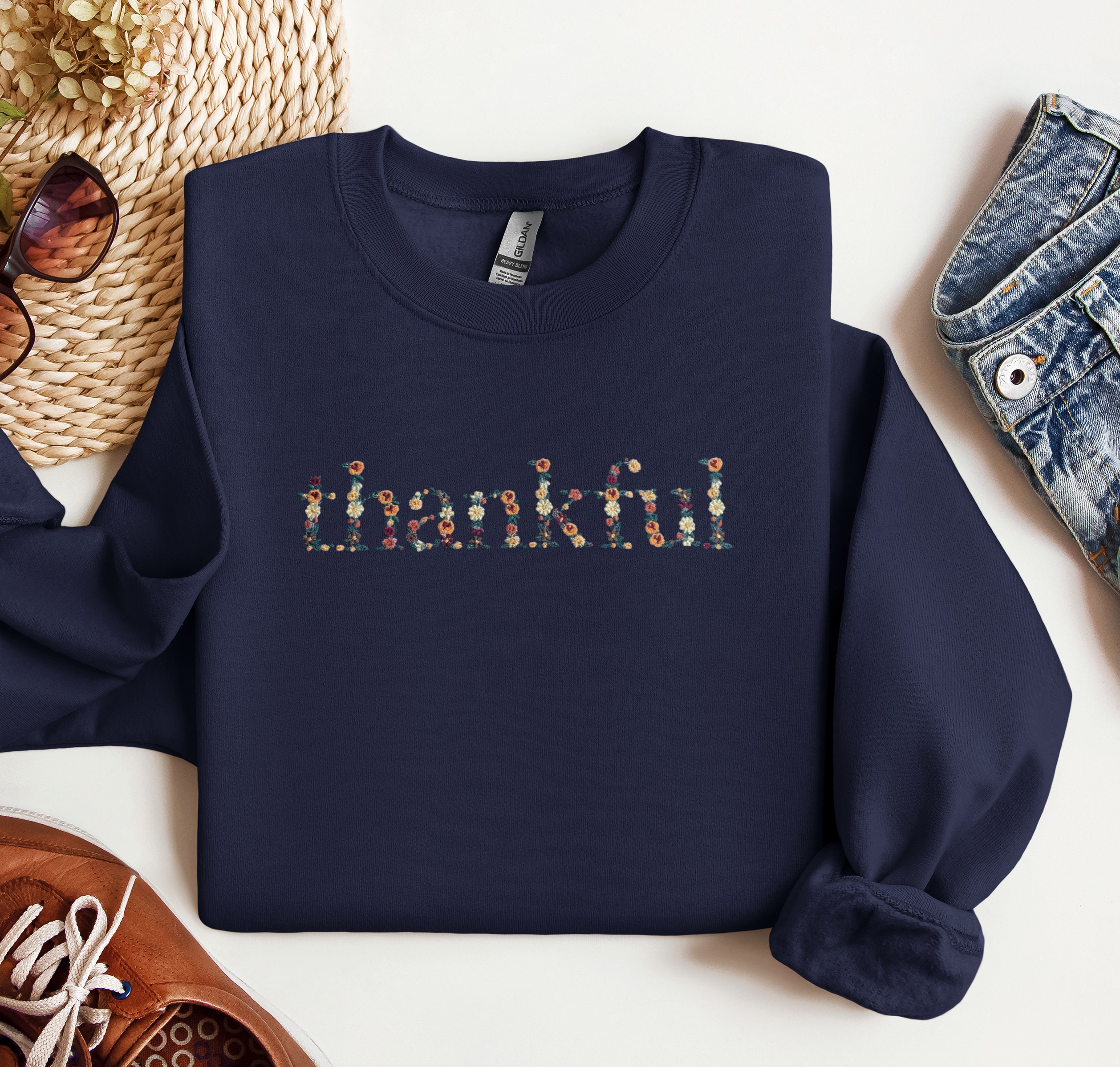 Fall "thankful" Embroidered Crewneck, Autumn Sweatshirt
