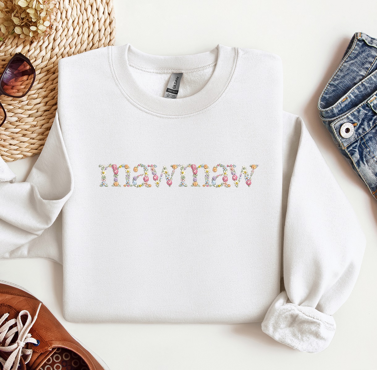 Mawmaw Floral Embroidered Crewneck