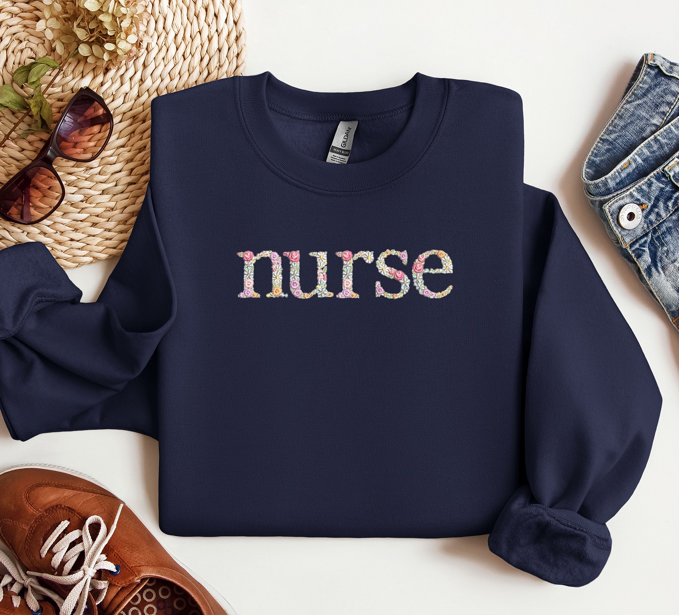 Floral Embroidered Nurse Crewneck