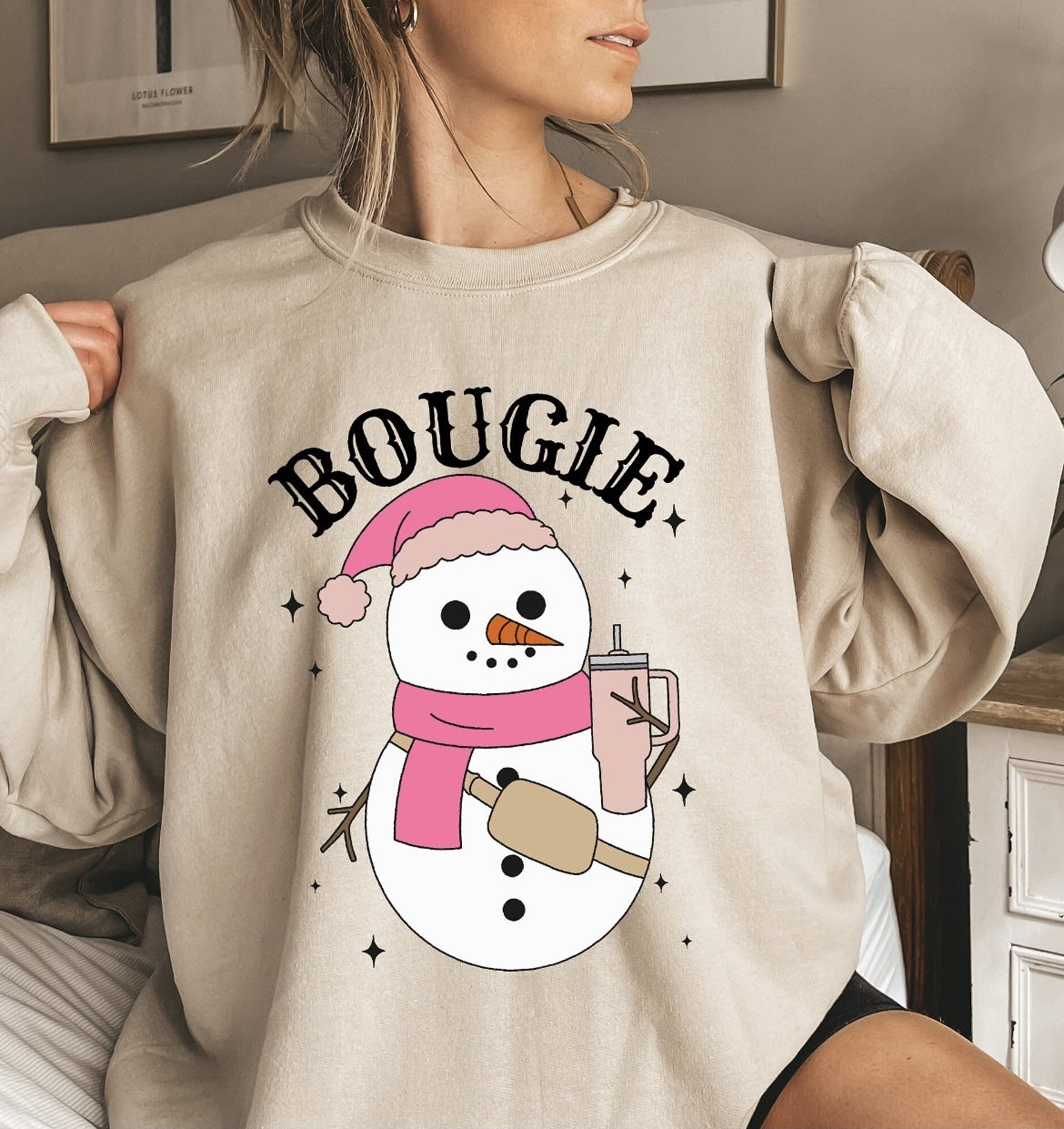 Bougie Snow Girl Christmas Crewneck, Holiday Sweatshirt