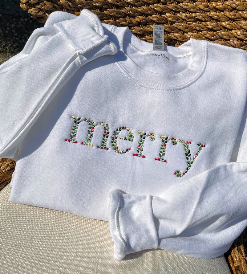 Merry Embroidered Crewneck, Christmas Sweatshirt