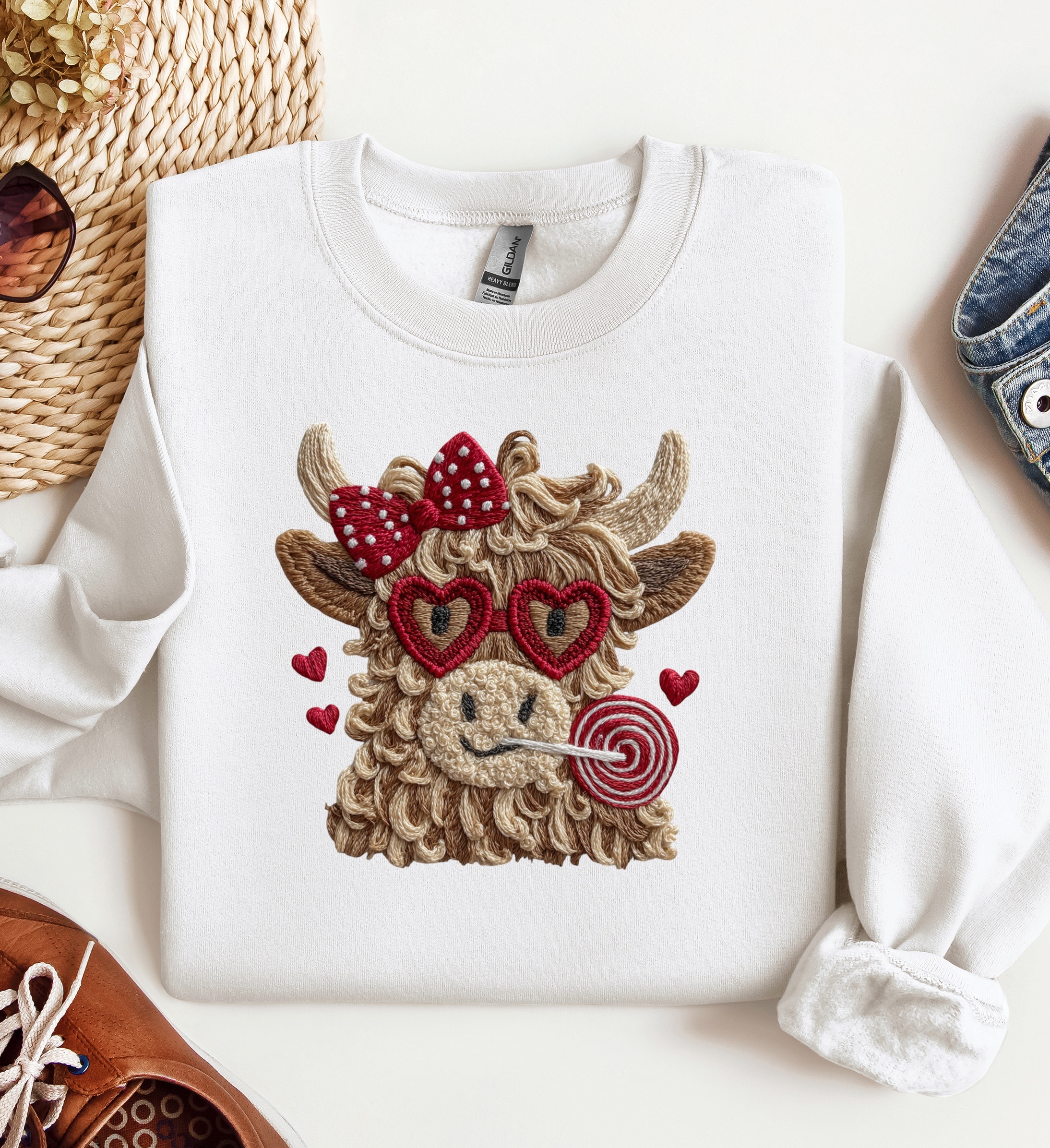 Highland Cow Red Bow Valentine Crewneck, Graphic Sweatshirt