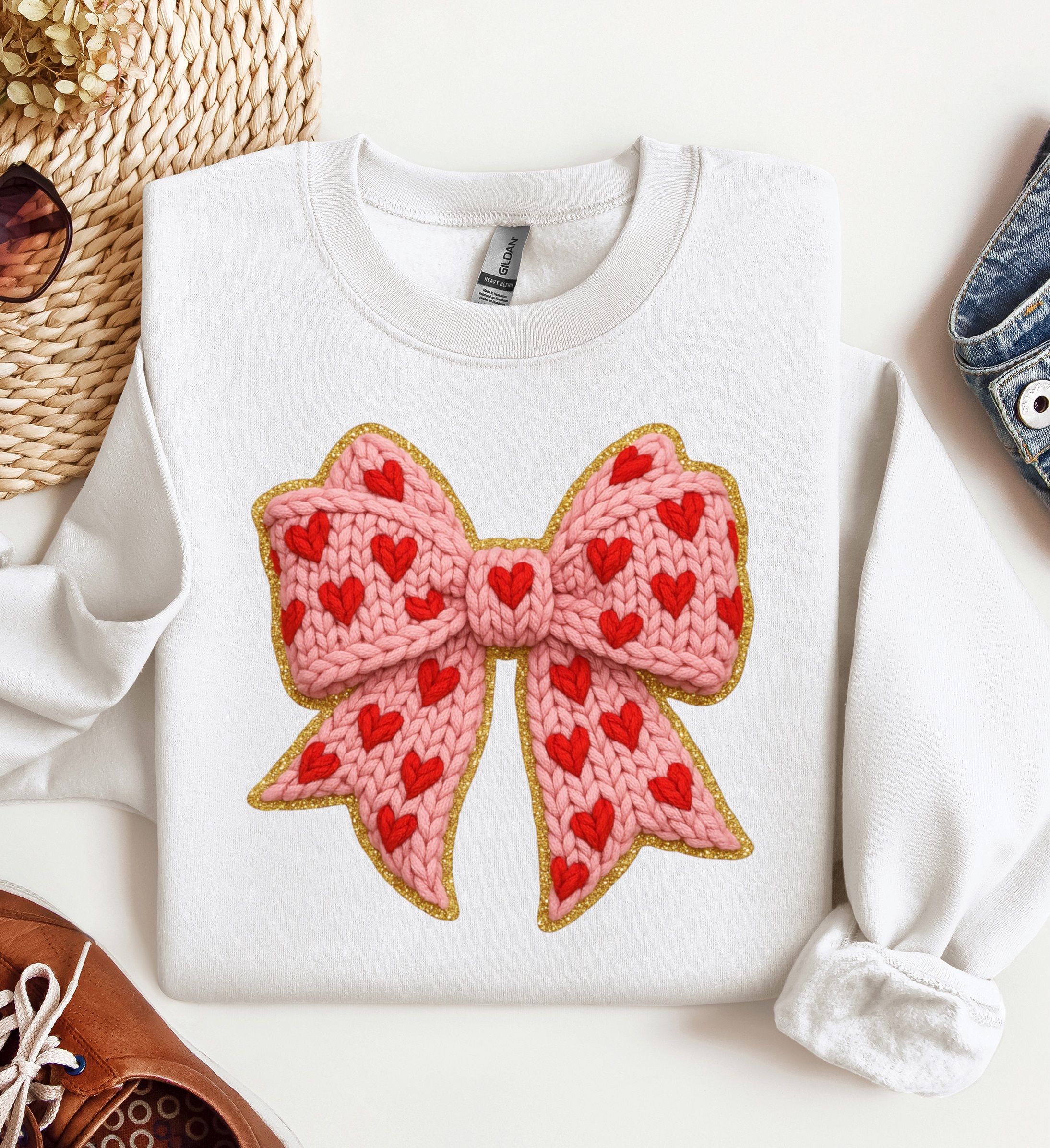 Valentine Knit Bow with Hearts Crewneck, Graphic Sweatshirt