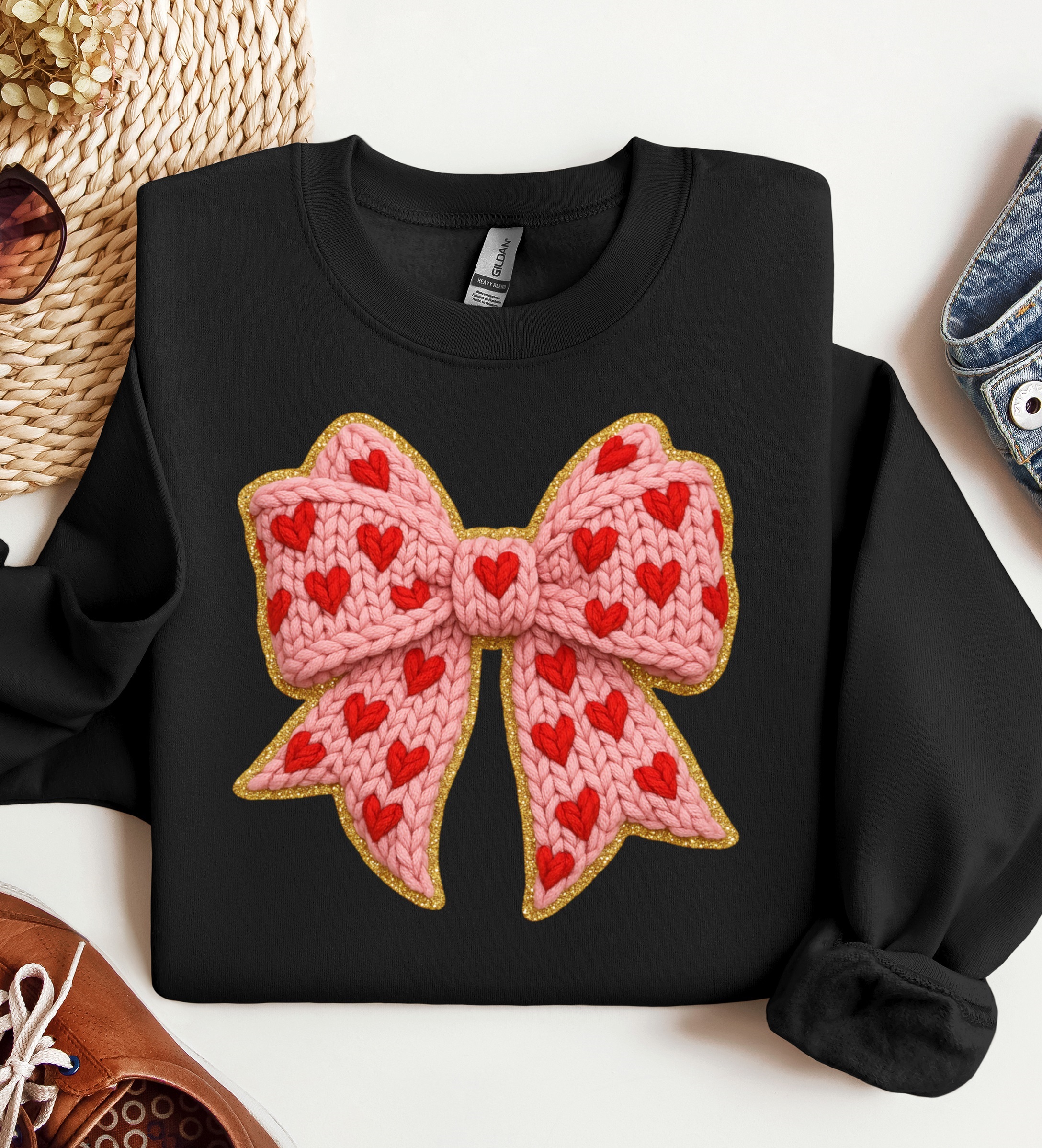 Valentine Knit Bow with Hearts Crewneck, Graphic Sweatshirt