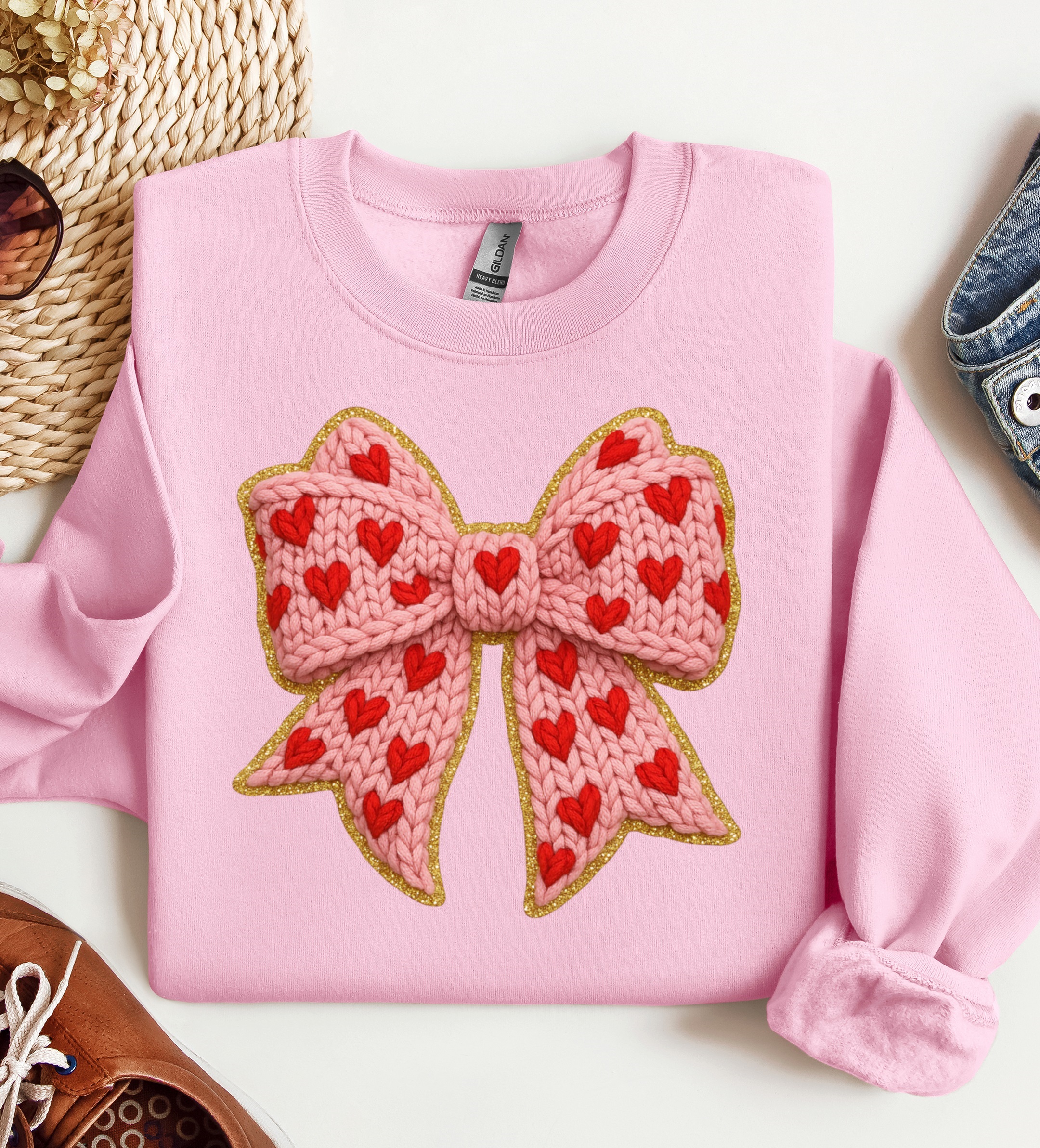 Valentine Knit Bow with Hearts Crewneck, Graphic Sweatshirt