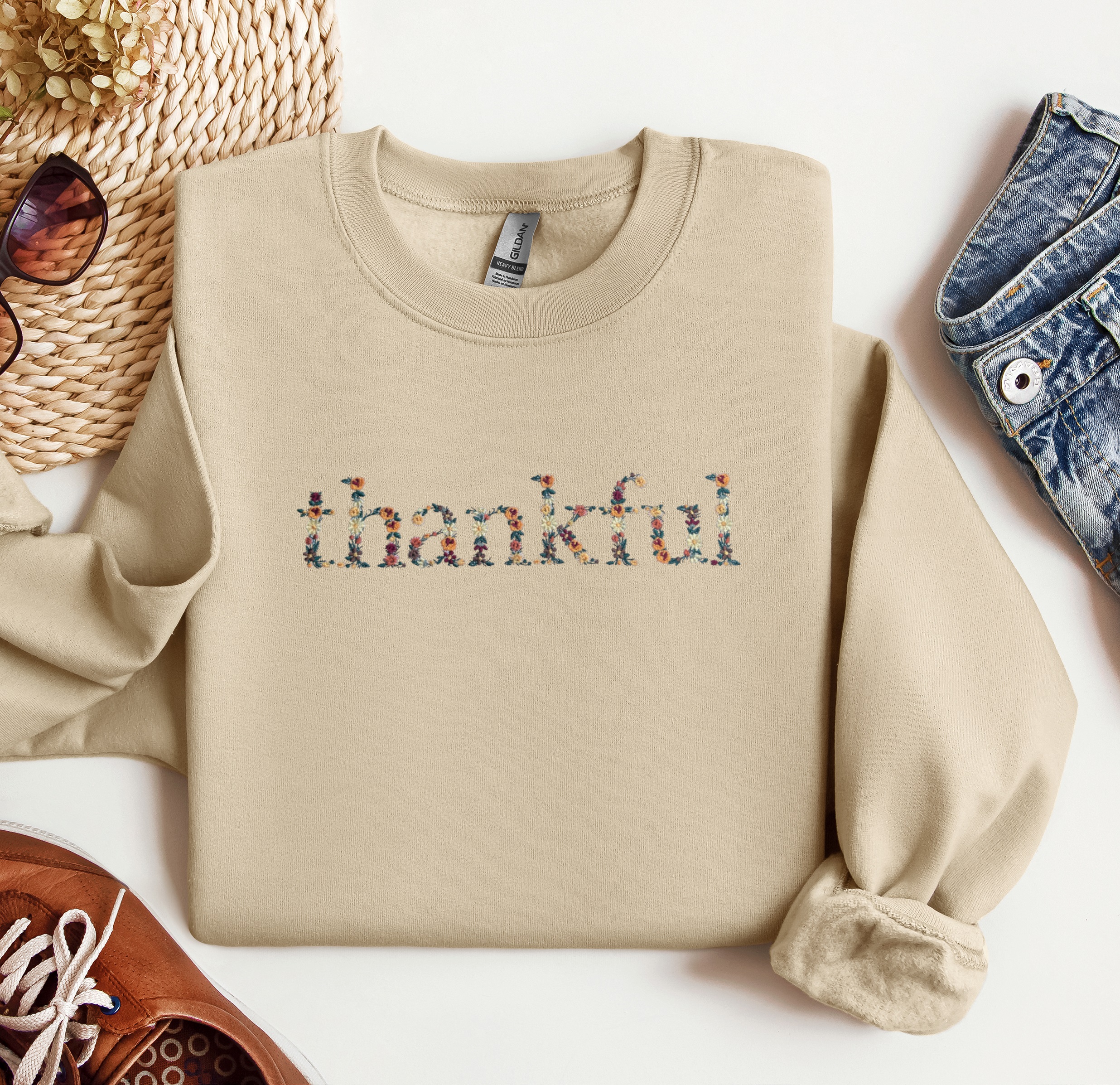 Fall "thankful" Embroidered Crewneck, Autumn Sweatshirt