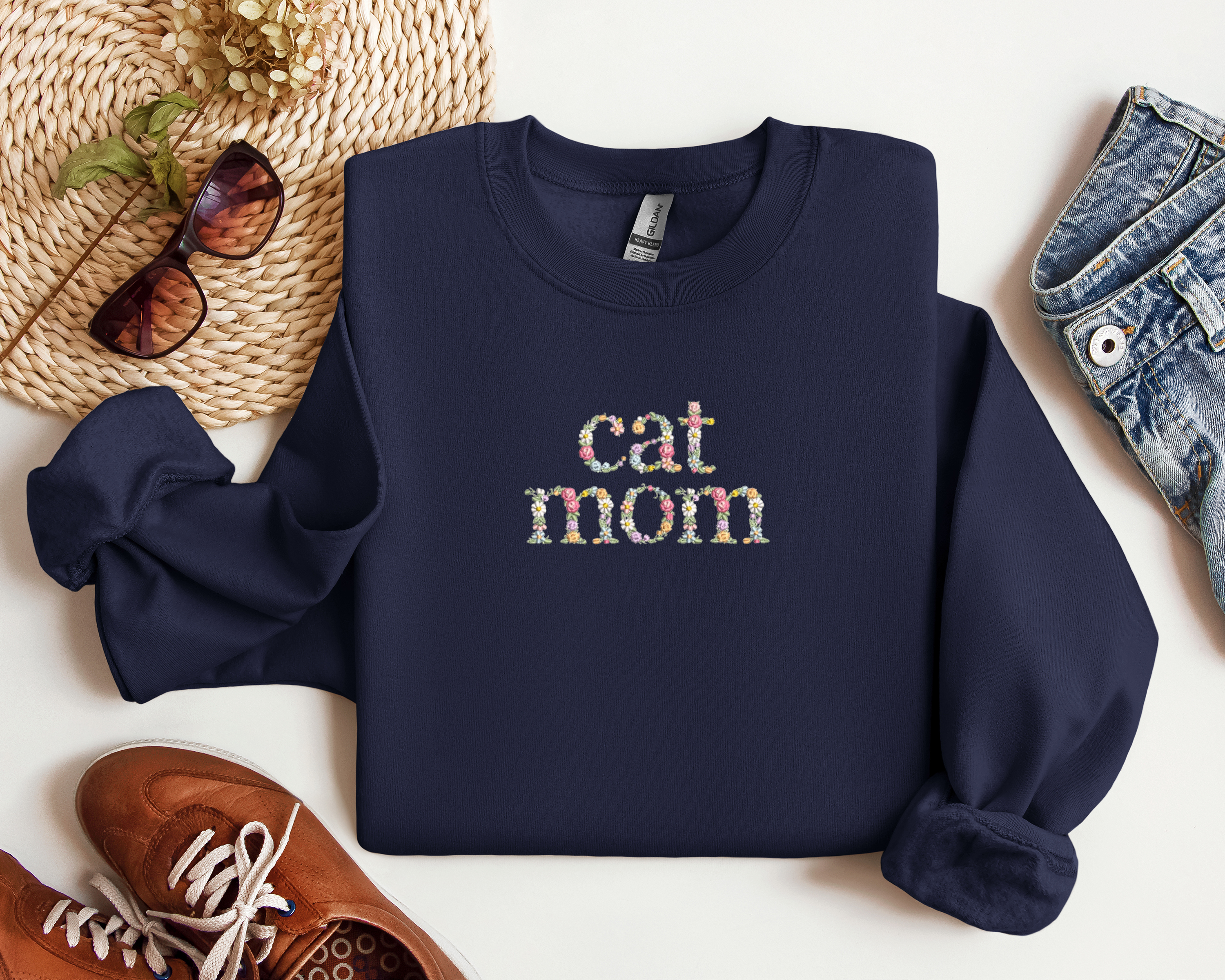 Cat Mom Floral Embroidered Crewneck