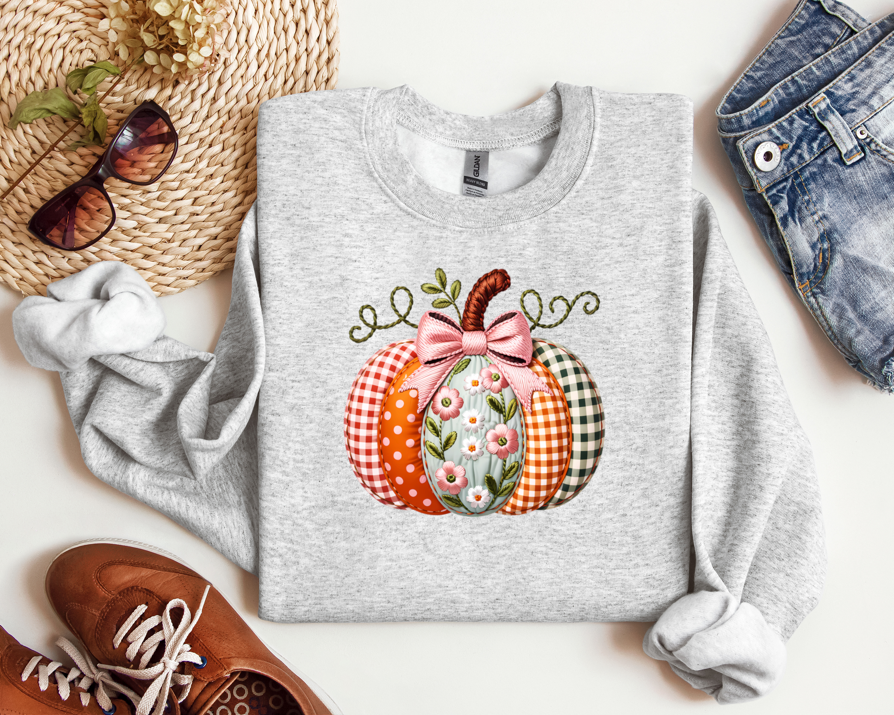 Fall Pumpkin Faux Embroidered Sweatshirt, Autumn Crewneck