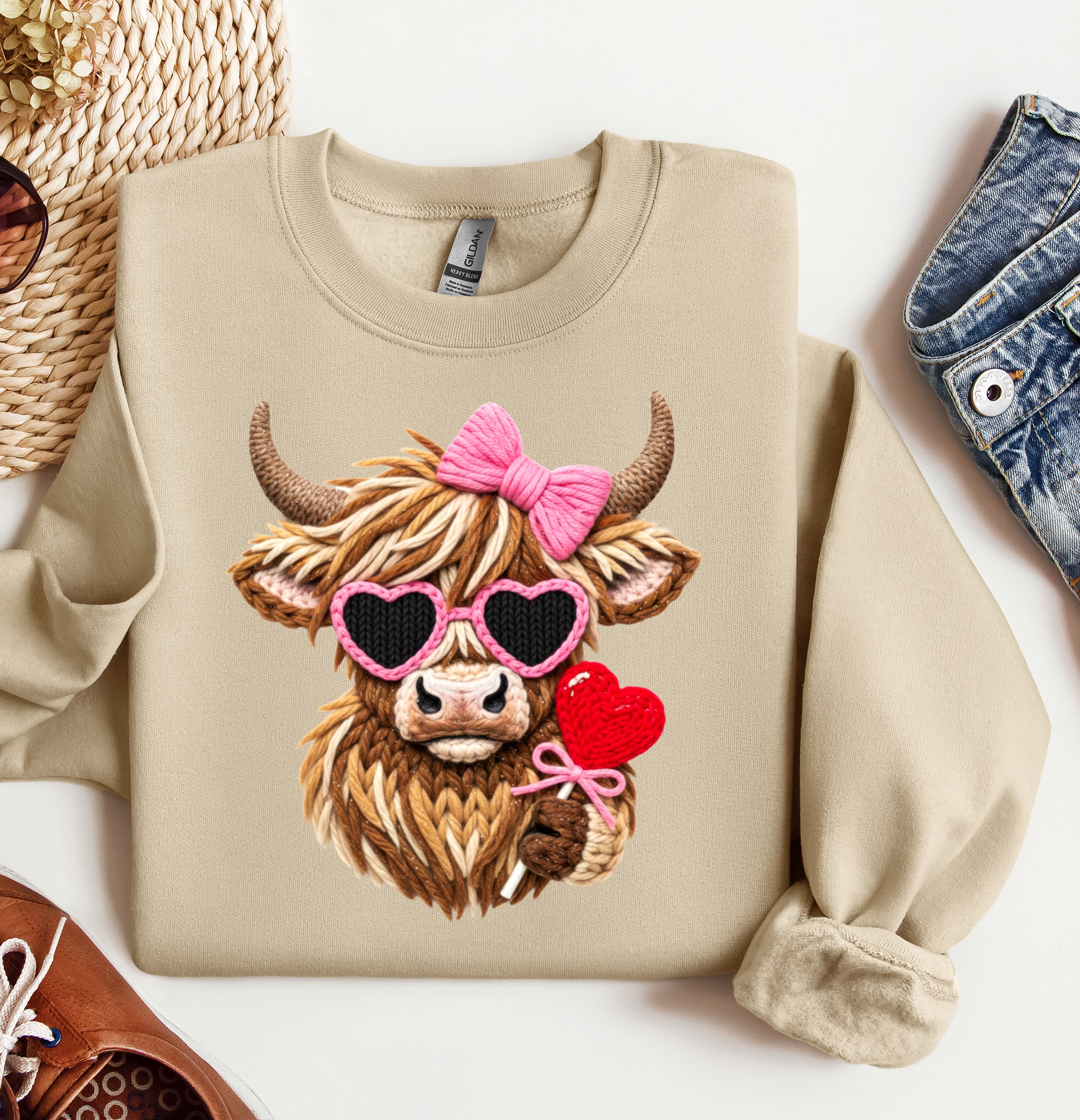 Valentine Highland Cow Pink Bow Crewneck, Graphic Sweatshirt