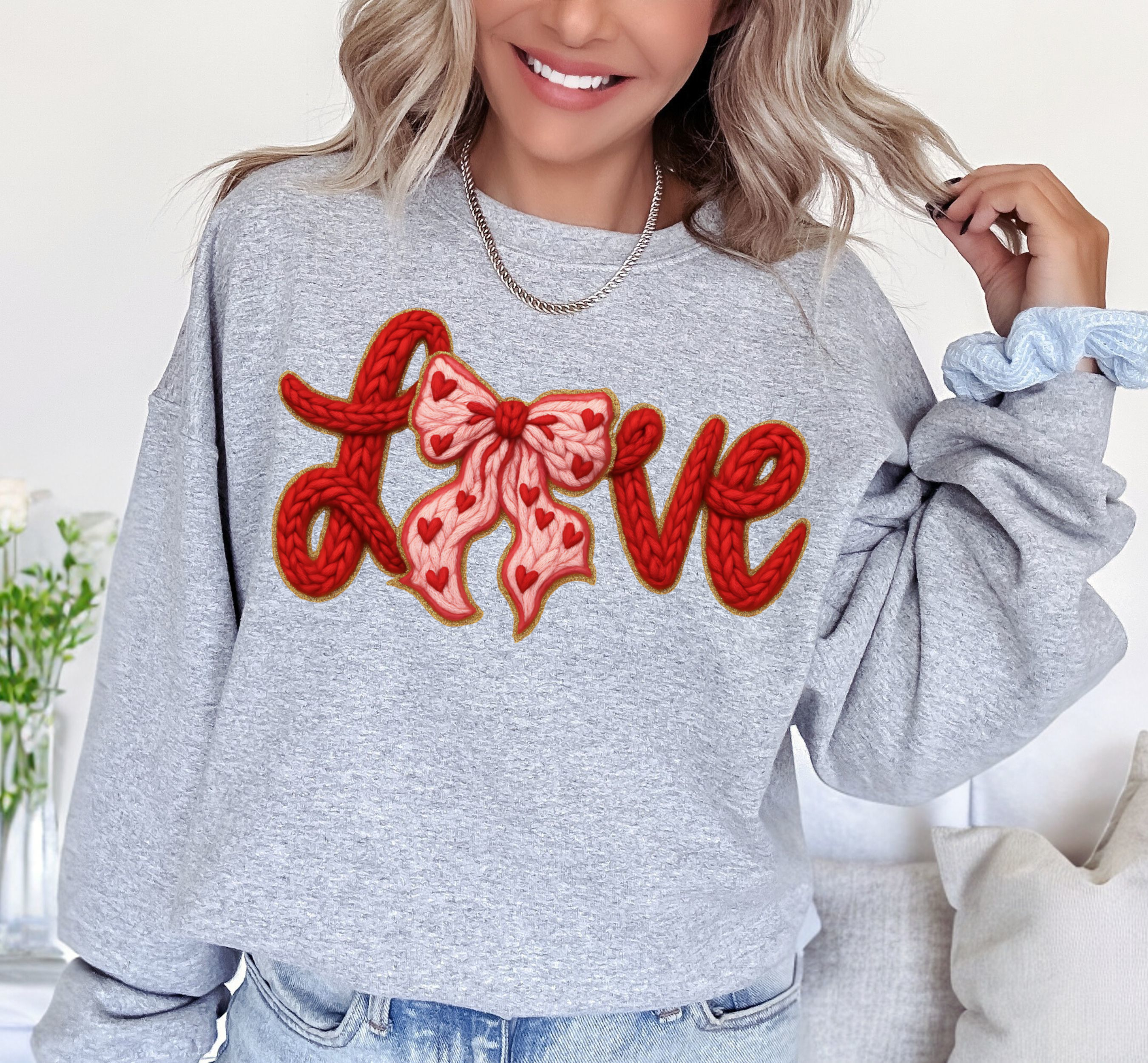 Valentine Knit LOVE Crewneck, Graphic Sweatshirt