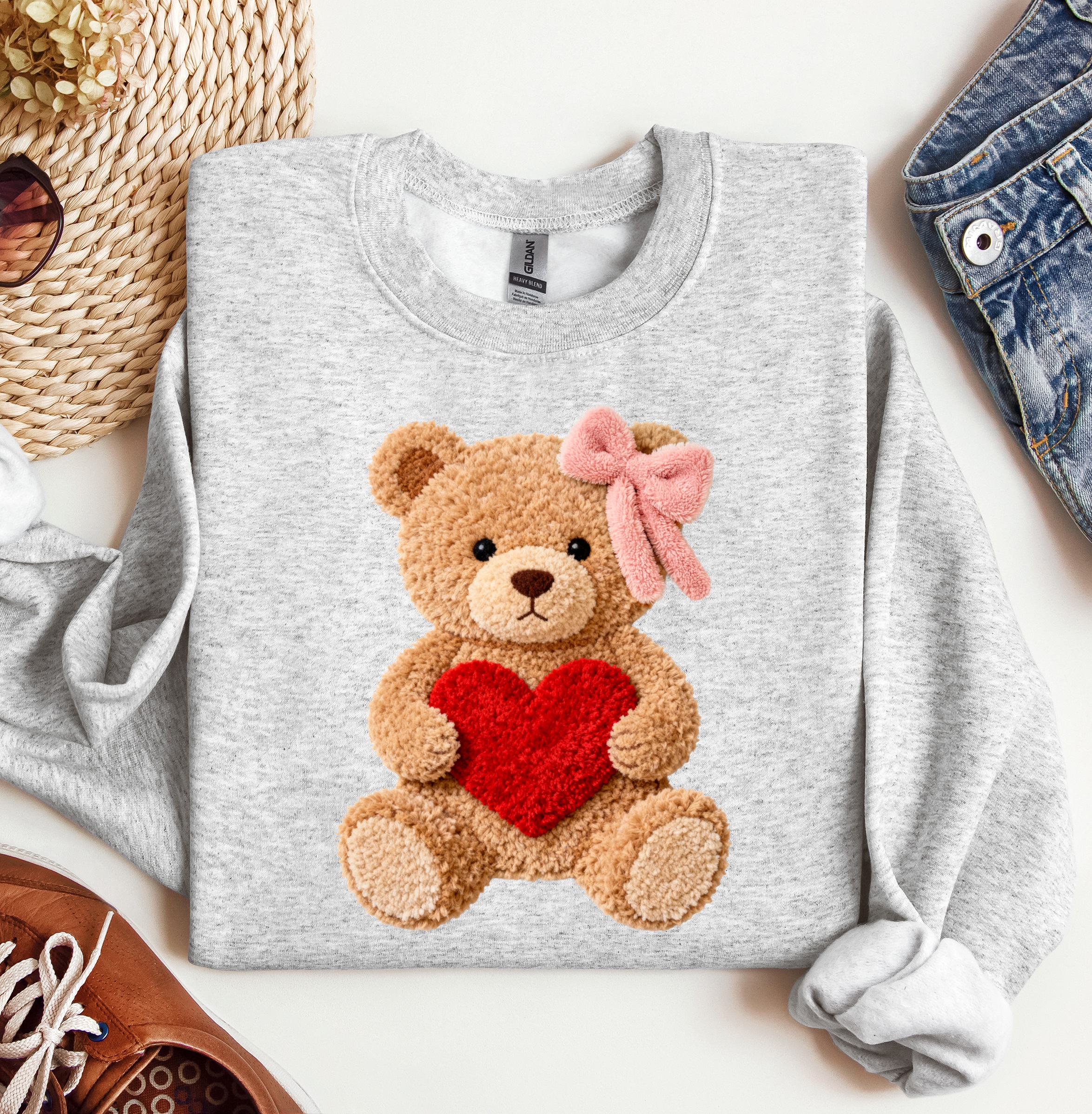 Valentine Teddy Bear Crewneck, Graphic Sweatshirt