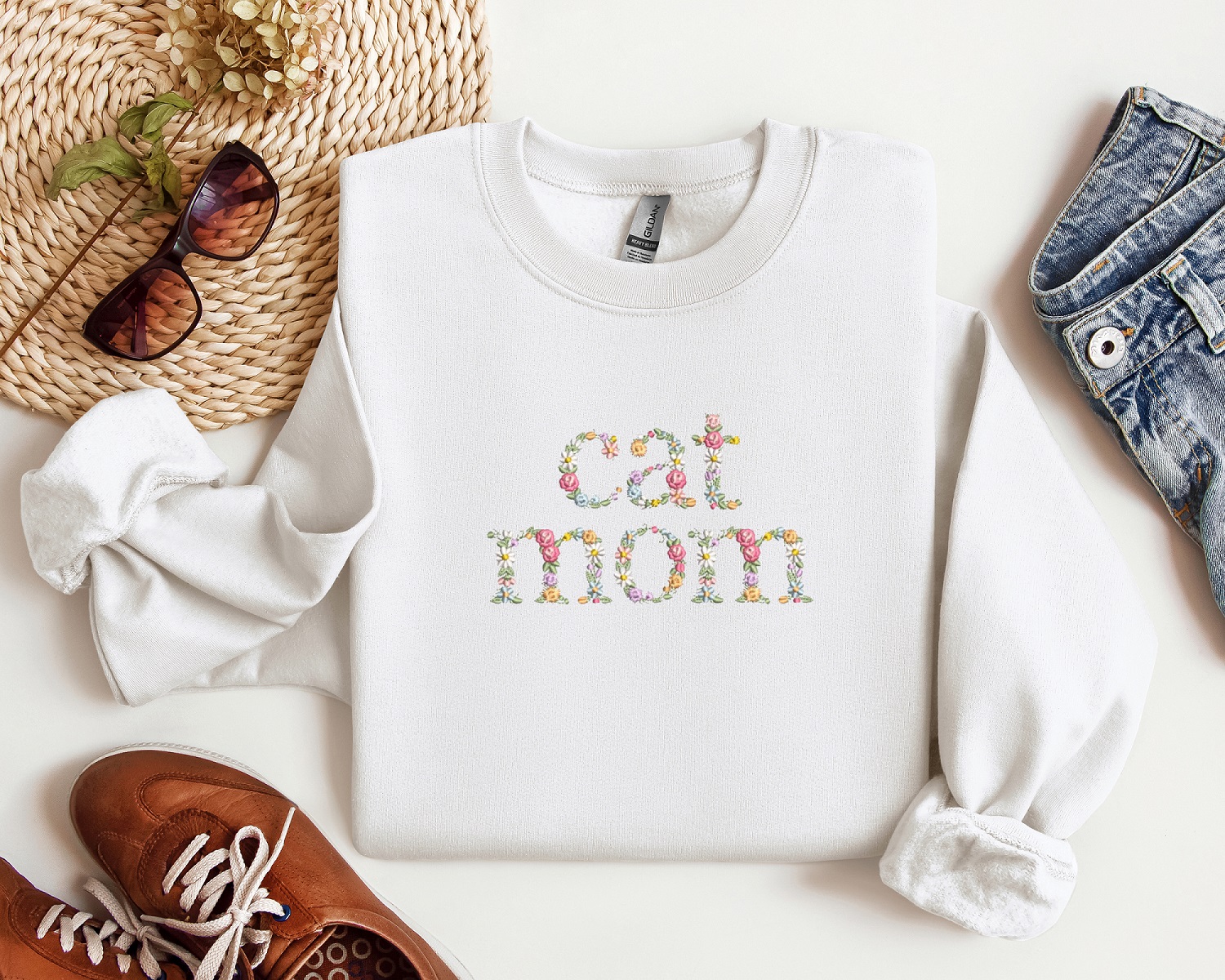 Cat Mom Floral Embroidered Crewneck