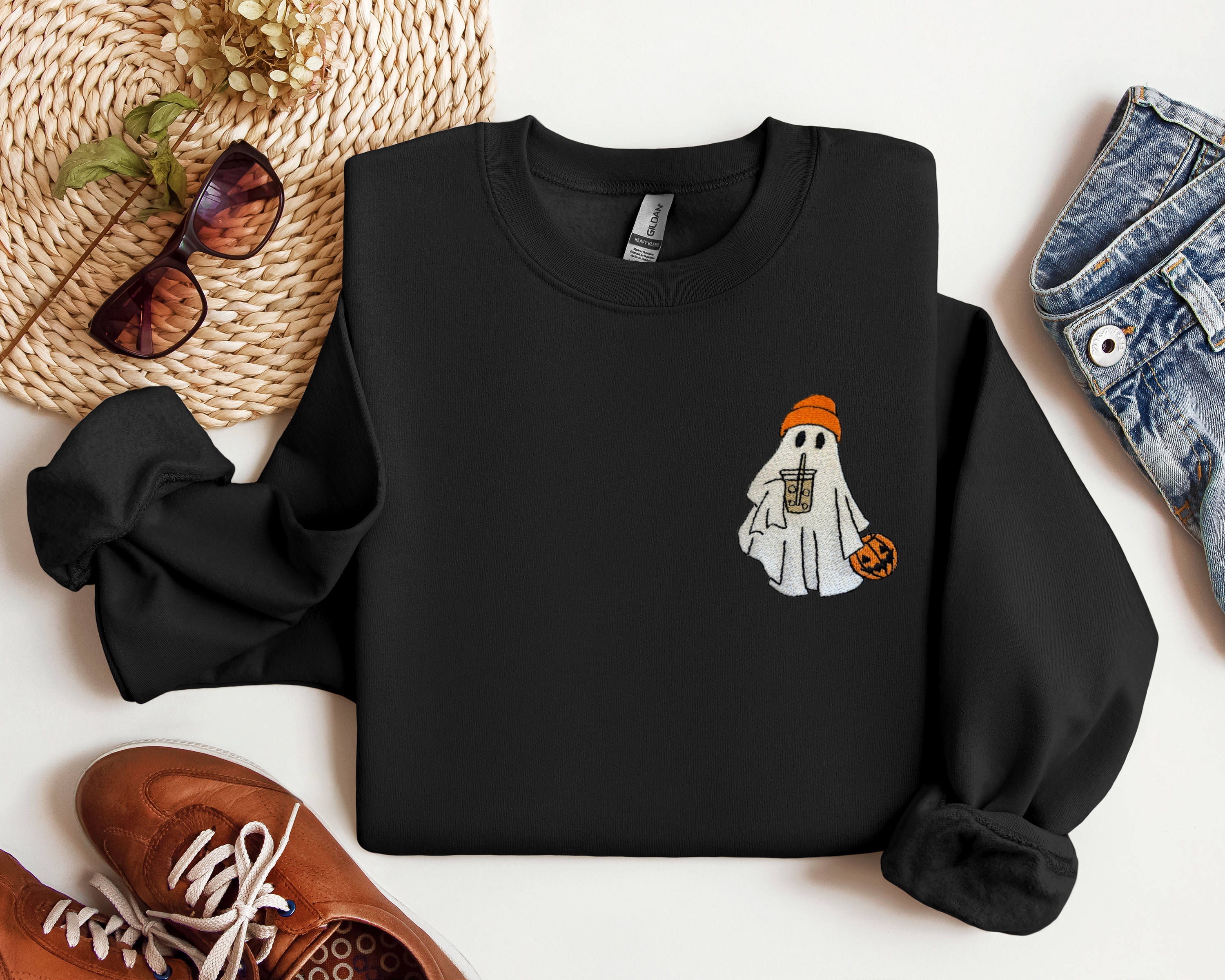 Embroidered Ghost with Iced Coffee Crewneck, Halloween