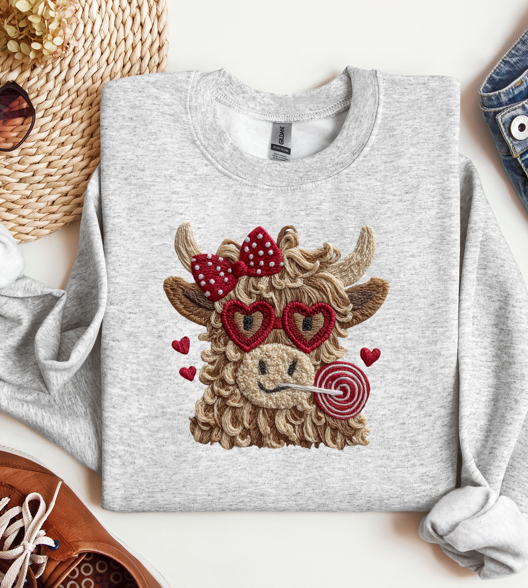 Highland Cow Red Bow Valentine Crewneck, Graphic Sweatshirt